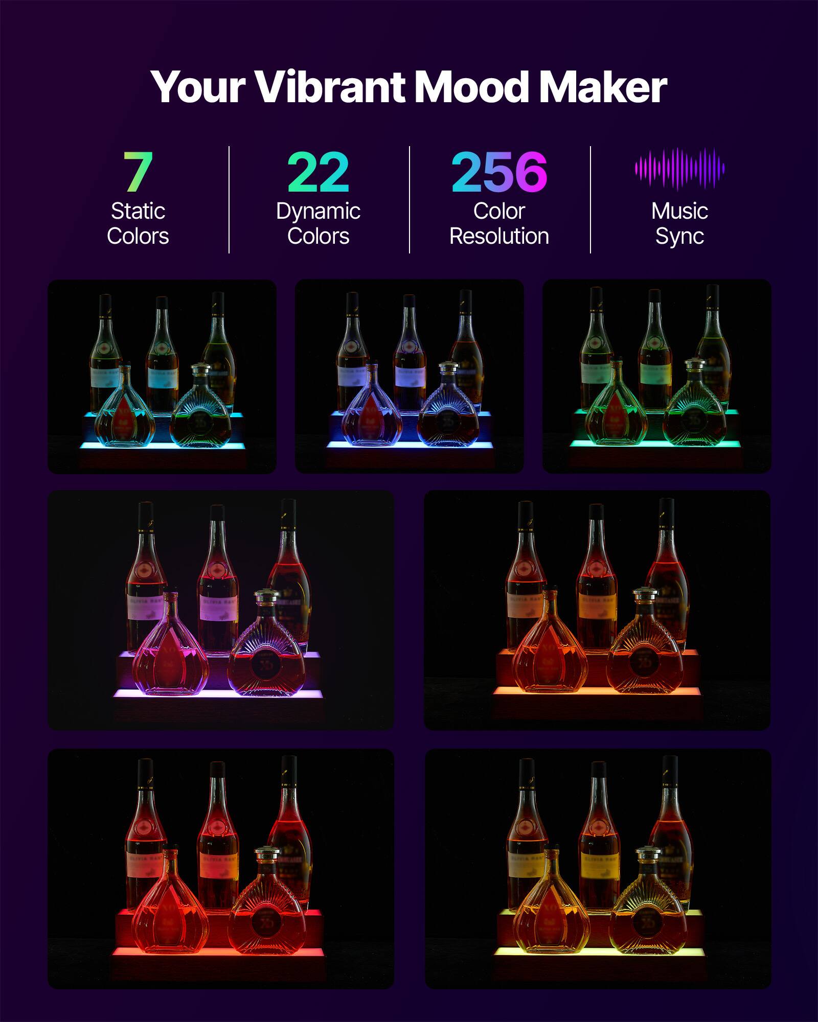 Your Vibrant Mood Maker  
7 Static Colors  
22 Dynamic Colors  
256 Color Resolution  
Music Sync