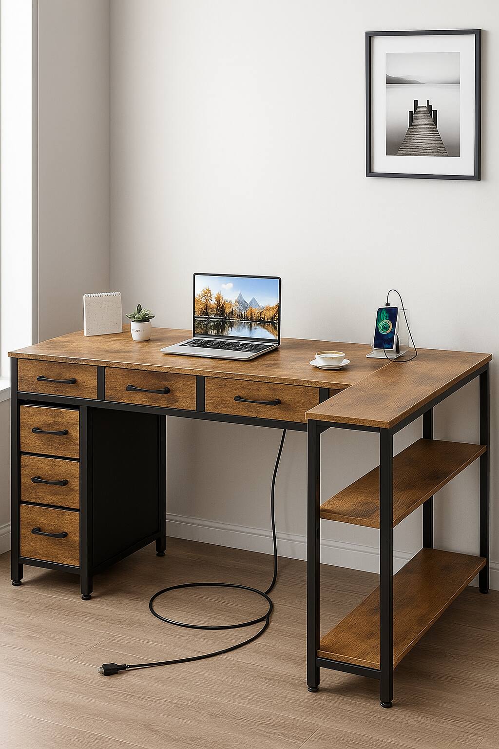 Front. Zell Electronics - 48" Brown L-Shaped Desk with Drawers, Shelves, Power Outlet & Reversible Design – Perfect for Office Use - Brown.