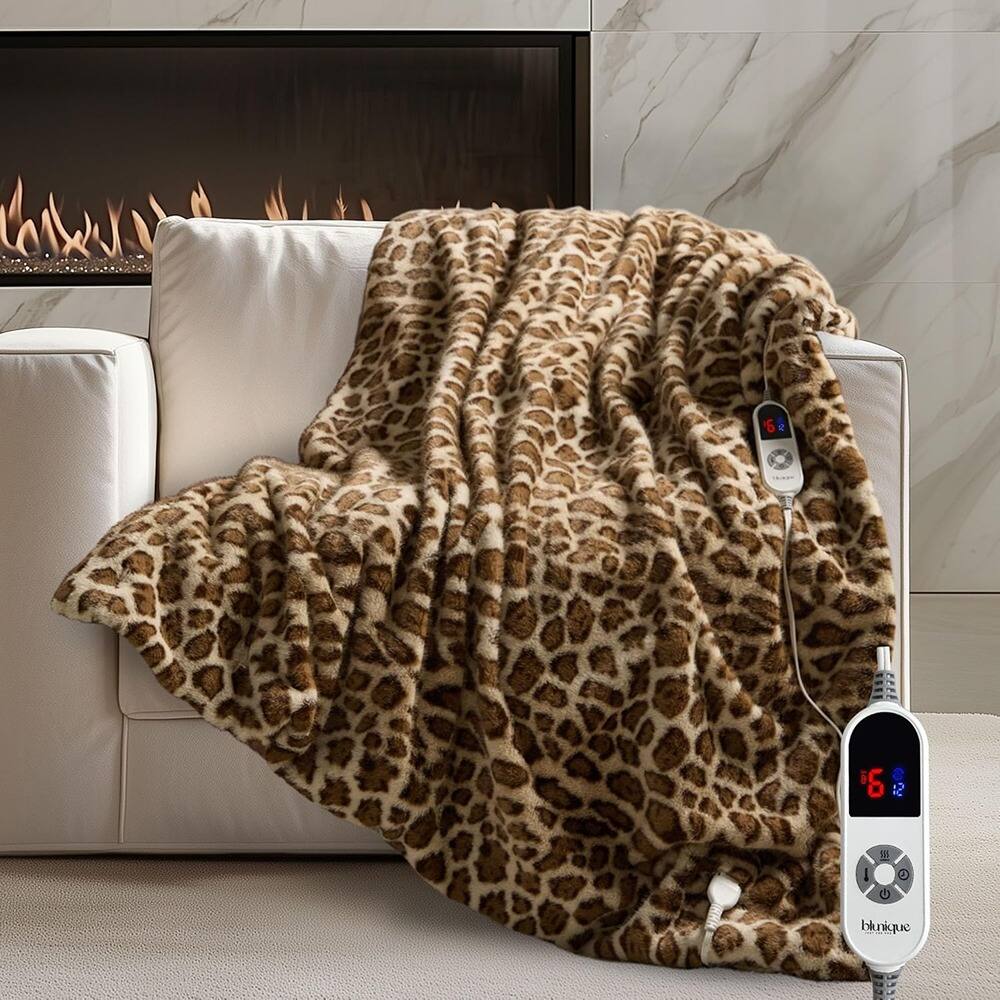 MOSZAR LLC - Heated Electric Throw 50"x60" – Leopard Print Plush, 6 Heat Levels, Warm - Leopard Brown