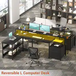 Aheaplus - Reversible L Shaped Gaming/Office Desk with Power Outlet, File Drawer, Monitor Stand, LED Strip & Storage Shelf - Black