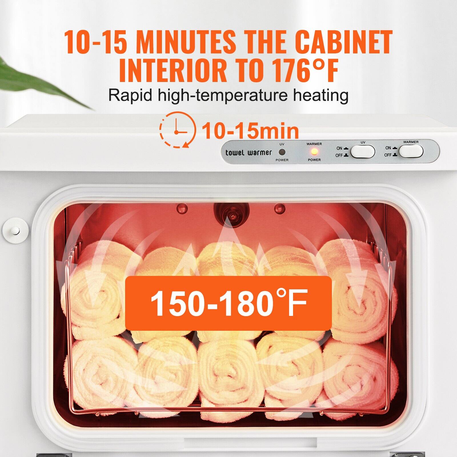 10-15 MINUTES THE CABINET INTERIOR TO 176°F  
Rapid high-temperature heating  
10-15min  

150-180°F  

towel warmer  
POWER ON OFF  
WARMER ON A OFF  

UV  
POWER ON OFF