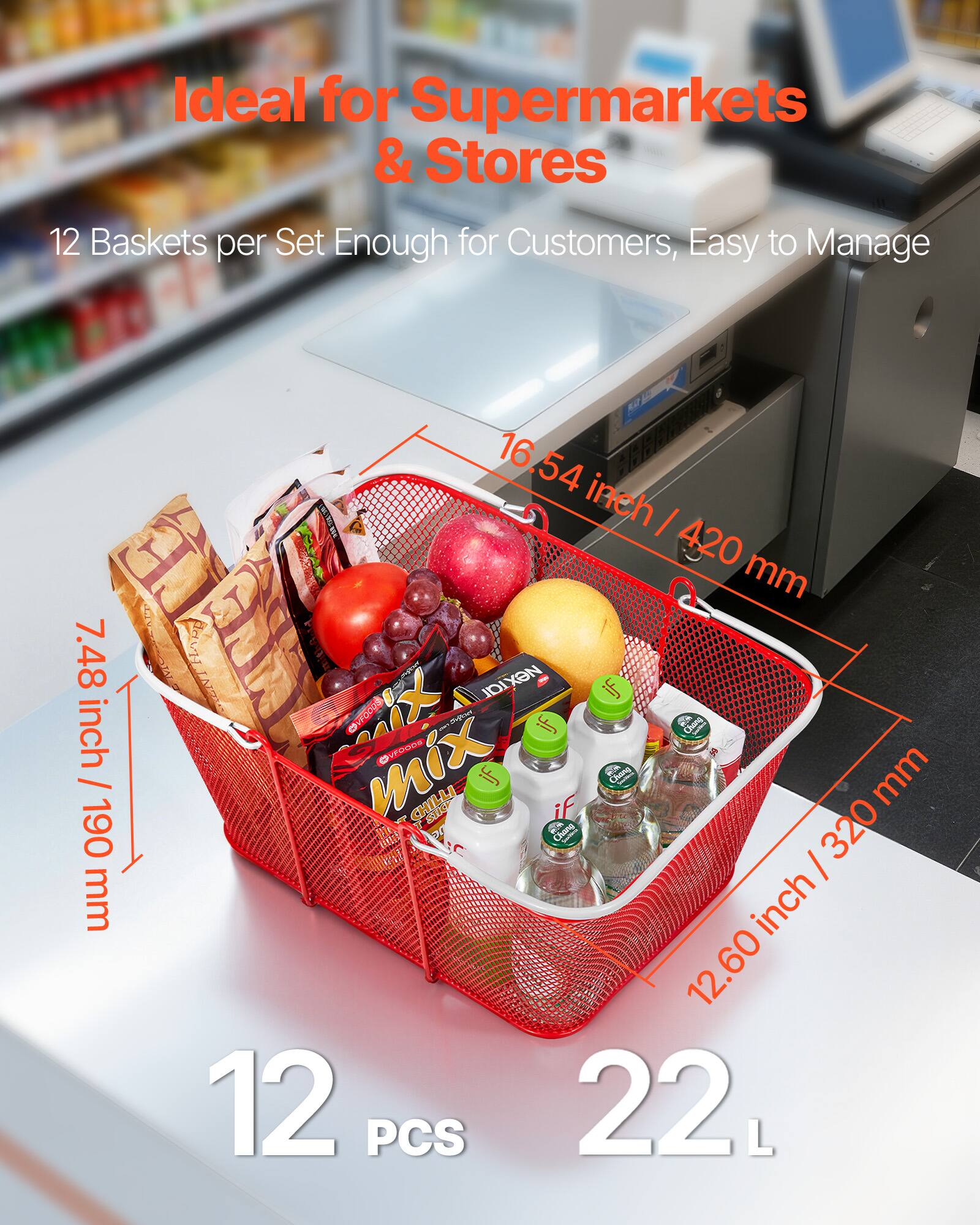 Ideal for Supermarkets & Stores  
12 Baskets per Set Enough for Customers, Easy to Manage  

16.54 inch / 420 mm  
7.48 inch / 190 mm  
12.60 inch / 320 mm  

12 PCS  
22 L
