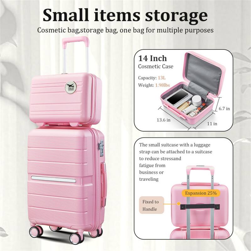 Small items storage  
Cosmetic bag, storage bag, one bag for multiple purposes  

14 Inch Cosmetic Case  
Capacity: 13L  
Weight: 1.98lbs  
Dimensions: 6.7 in x 13.6 in x 11 in  

The small suitcase with a luggage strap can be attached to a suitcase to reduce stress and fatigue from business or traveling.  

Fixed to Handle  
Expansion 25%