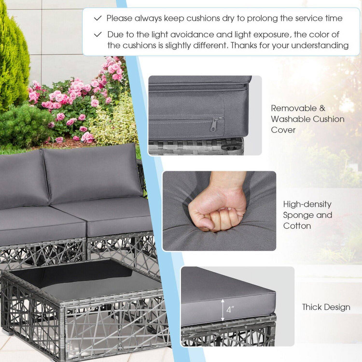 Please always keep cushions dry to prolong the service time. Due to the light avoidance and light exposure, the color of the cushions is slightly different. Thanks for your understanding.

- Removable & Washable Cushion Cover
- High-density Sponge and Cotton
- 4" Thick Design