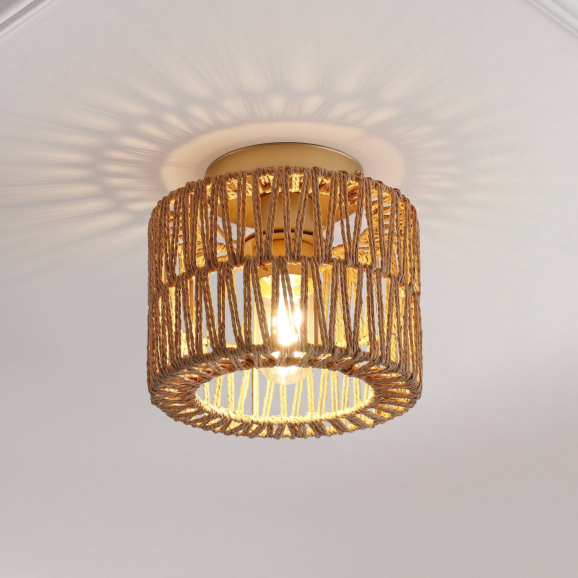 Alt View 1. Jonathan Y - Omar Set of 2 Modern 8" Gold Painting Metal Flush Mount with Brown Paper Cylinder Crossed Weave Shade, for Bedroom - Brown.