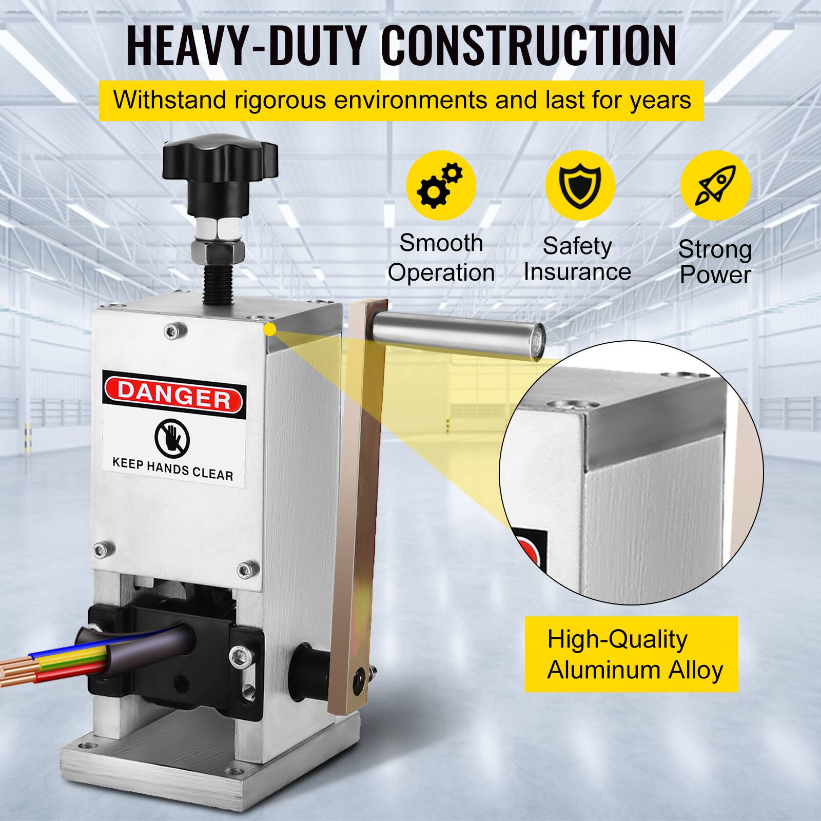 HEAVY-DUTY CONSTRUCTION  
Withstand rigorous environments and last for years  

Smooth Operation  
Safety Insurance  
Strong Power  

DANGER  
KEEP HANDS CLEAR  

High-Quality Aluminum Alloy