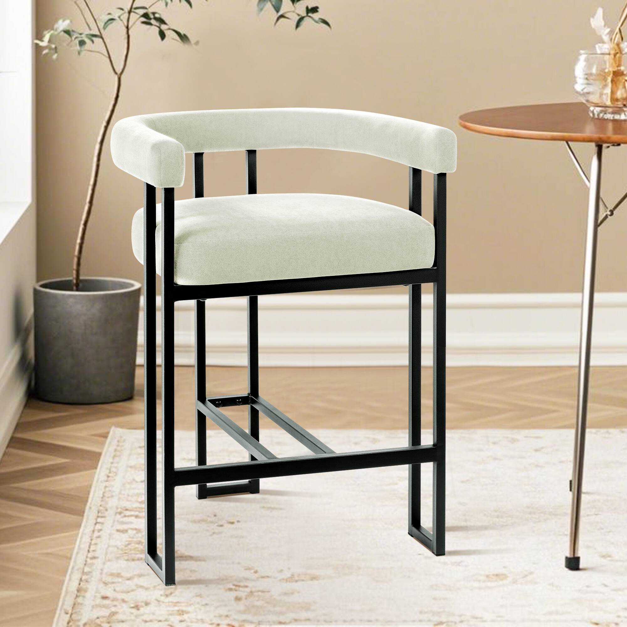 Alt View 1. KERDOM - 1pc Upholstered 26‘’ High Kitchen Chair Velvet Bar Stool, Padded Kitchen Island Stool with Arm for 30-40'' Countertop - Pearl White.