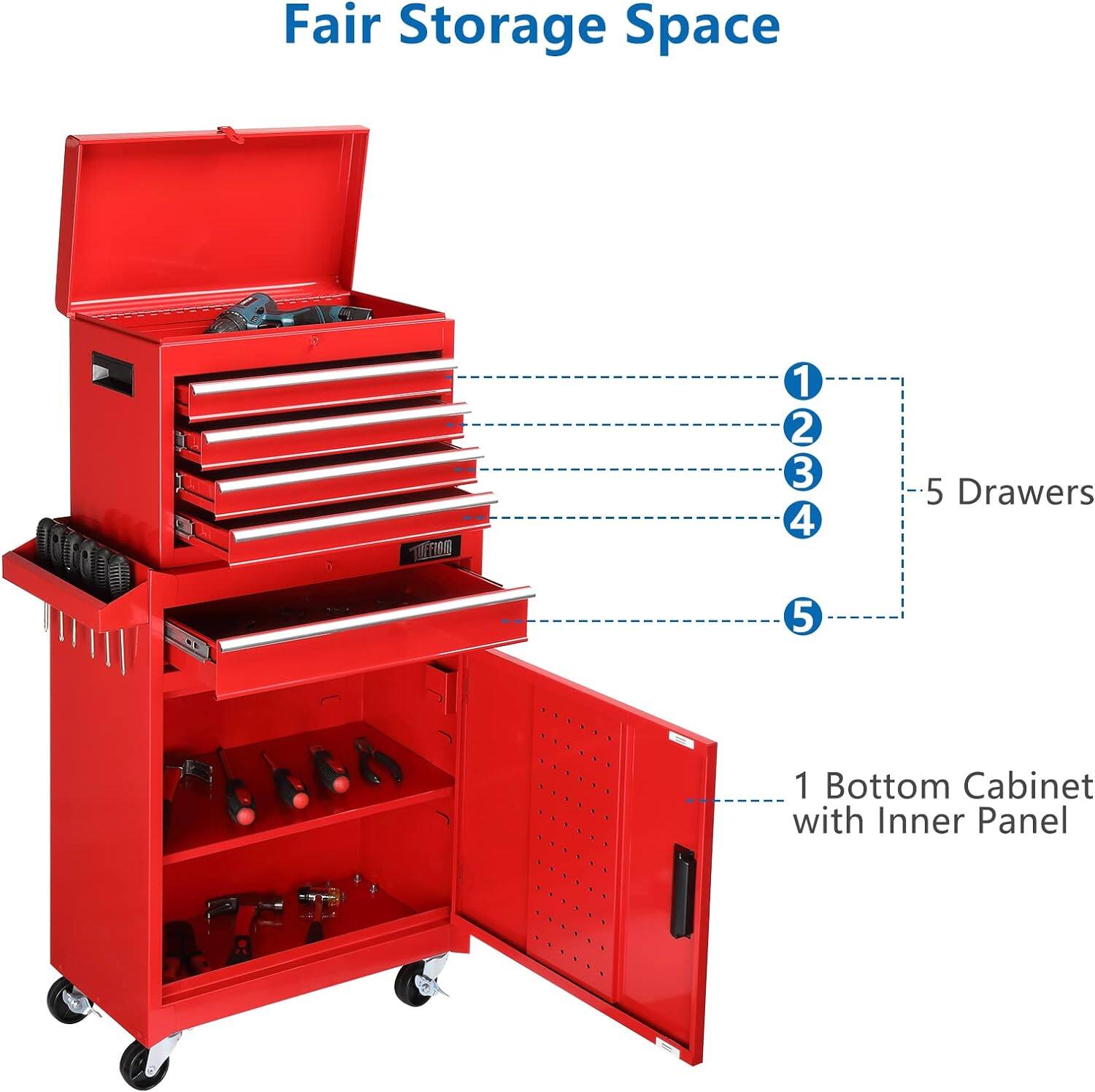 Fair Storage Space

- 5 Drawers
- 1 Bottom Cabinet with Inner Panel