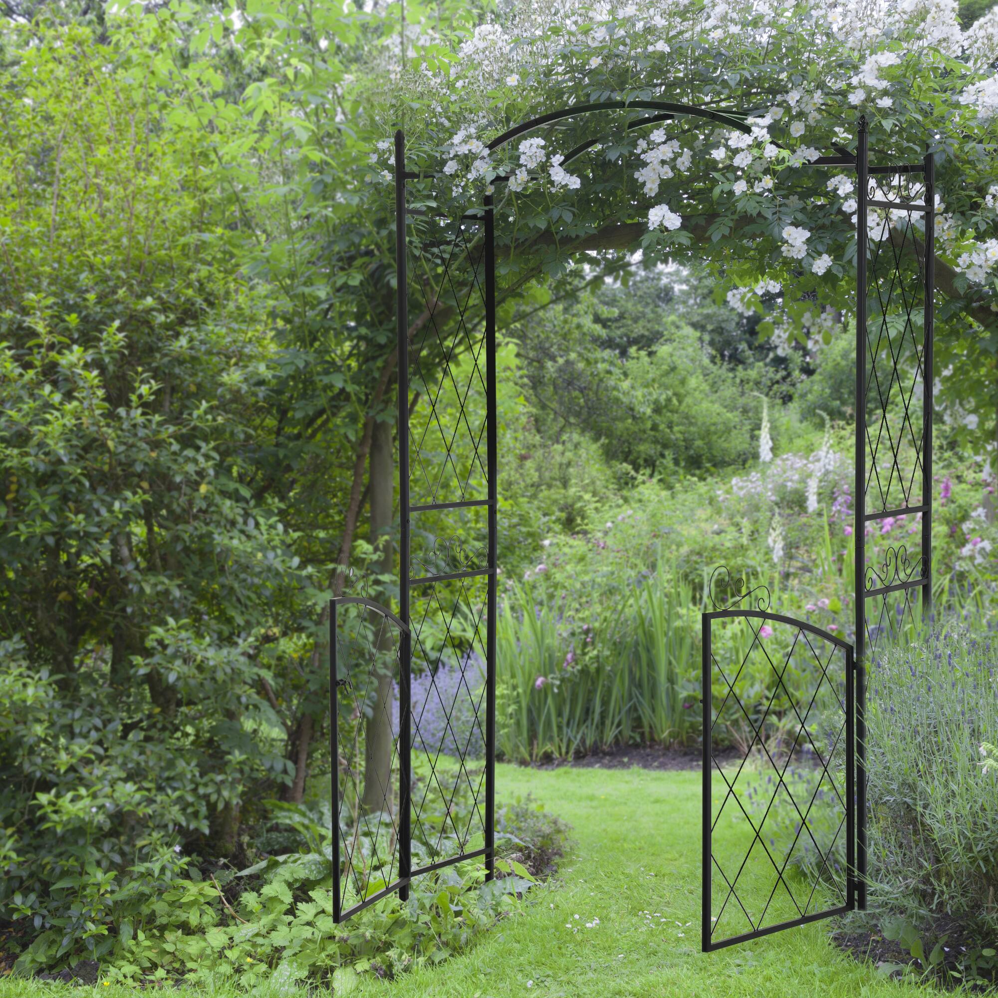 Alt View 1. Outsunny - 85" Garden Arch Arbor, Metal Arch Trellis with Gate, Garden Archway for Climbing Vines, Wedding Ceremony Decoration - Black.