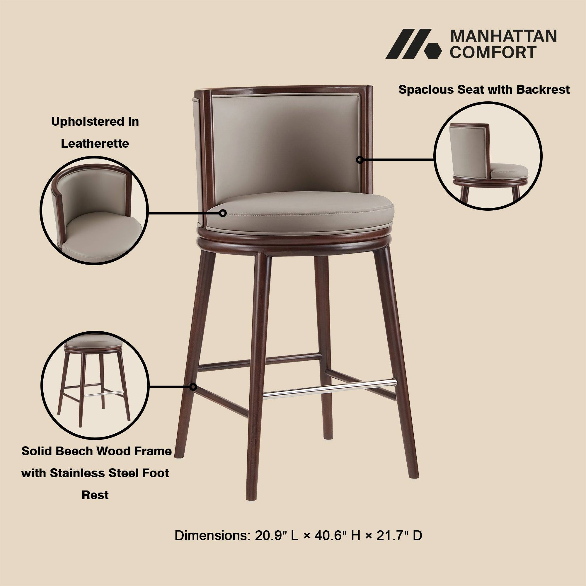 MANHATTAN COMFORT

Spacious Seat with Backrest

Upholstered in Leatherette

Solid Beech Wood Frame with Stainless Steel Foot Rest

Dimensions: 20.9" L x 40.6" H x 21.7" D