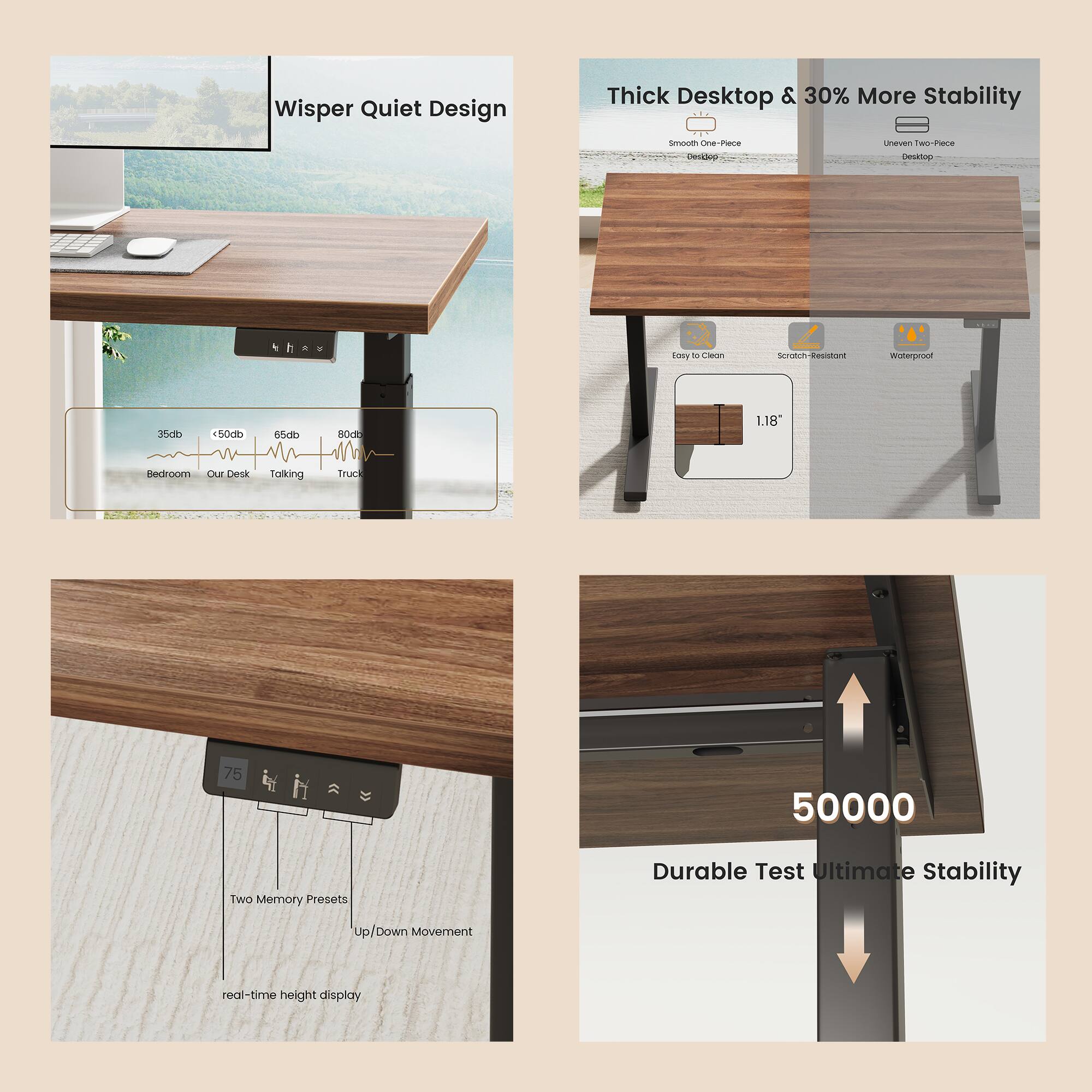 - Whisper Quiet Design
- Thick Desktop & 30% More Stability
- Smooth One-Piece Desktop
- Unveil Two-Piece Desktop
- Easy to Clean
- Scratch-Resistant
- Waterproof
- 1.18" Thickness
- 35dB (Bedroom)
- 50dB (Our Desk)
- 65dB (Talking)
- 80dB (Truck)
- Two Memory Presets
- Up/Down Movement
- real-time height display
- 50000 Durable Test Ultimate Stability
