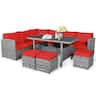 Costway - 7 PCS Patio Rattan Dining Set Sectional Sofa Couch Ottoman Garden - Red