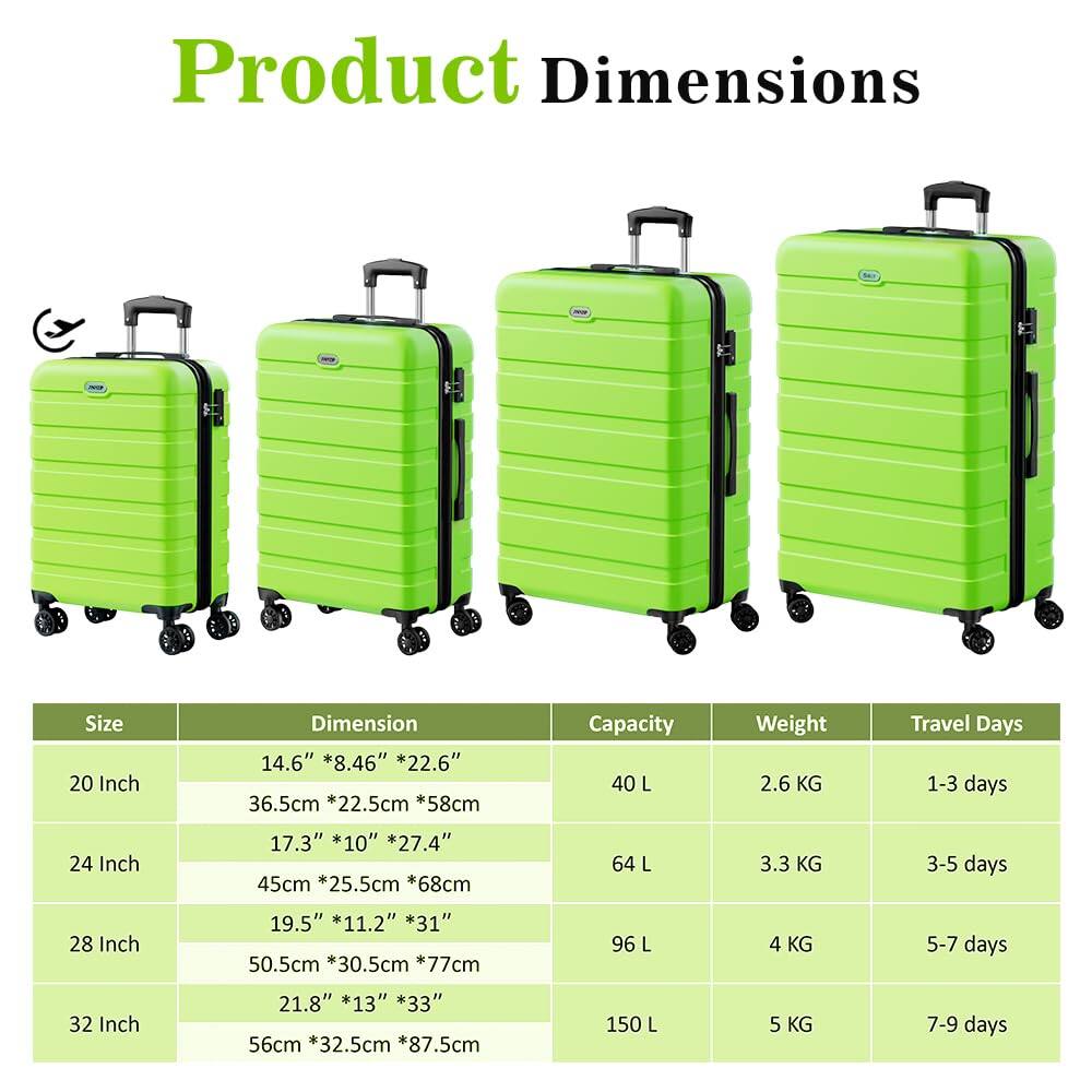 Product Dimensions

| Size   | Dimension          | Capacity | Weight | Travel Days |
|--------|-------------------|----------|--------|-------------|
| 20 Inch | 14.6" * 8.46" * 22.6" | 40 L     | 2.6 KG  | 1-3 days    |
|        | 36.5cm * 22.5cm * 58cm|          |        |             |
| 24 Inch | 17.3" * 10" * 27.4"  | 64 L     | 3.3 KG  | 3-5 days    |
|        | 45cm * 25.5cm * 68cm |          |        |             |
| 28 Inch | 19.5" * 11.2" * 31"  | 96 L     | 4 KG    | 5-7 days    |
|        | 50.5cm * 30.5cm * 77cm|          |        |             |
| 32 Inch | 2