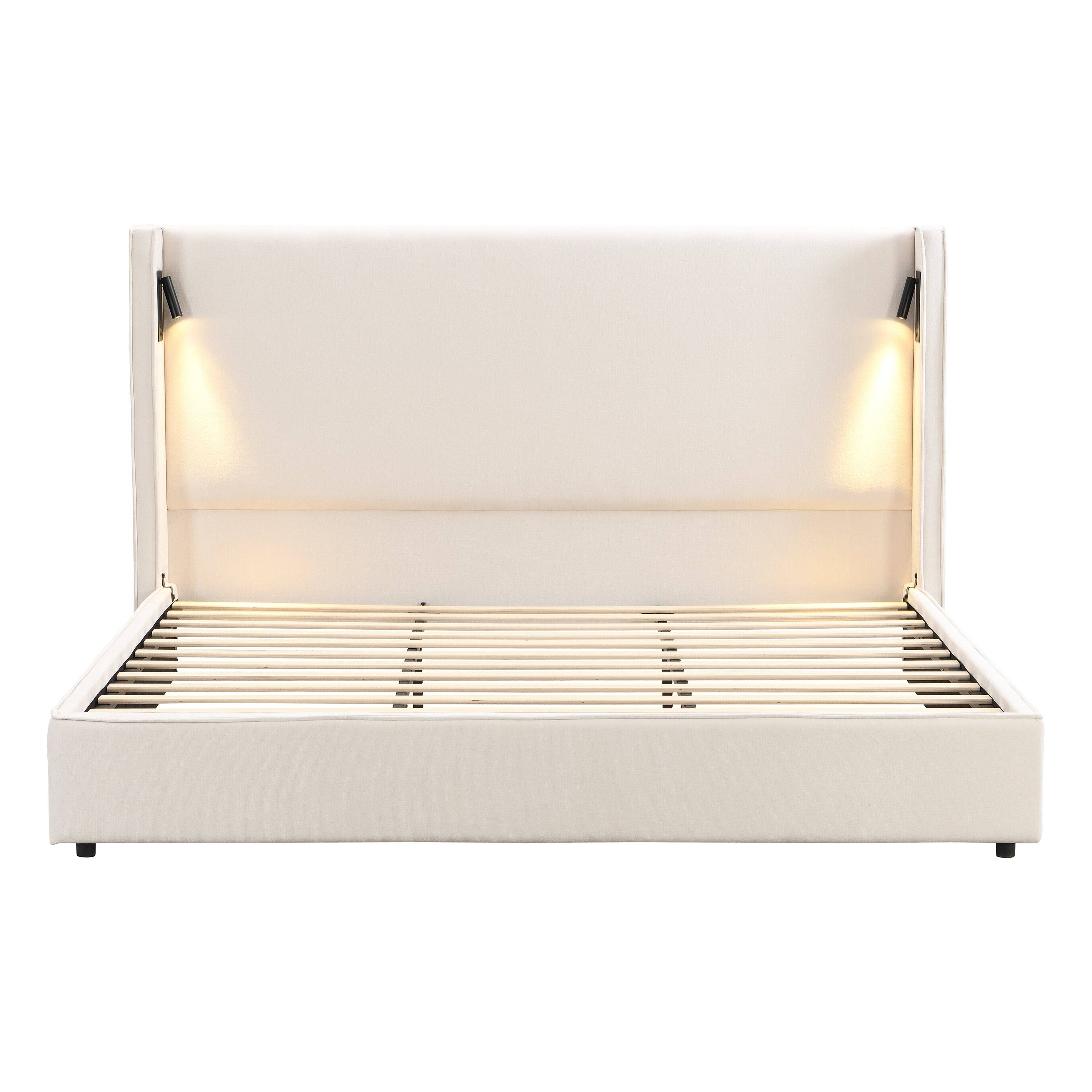 Alt View 8. Boyel Living - King Upholstered Bed Frame with Wingback Headboard, Reading Lamp, and USB Port – Beige - Beige.
