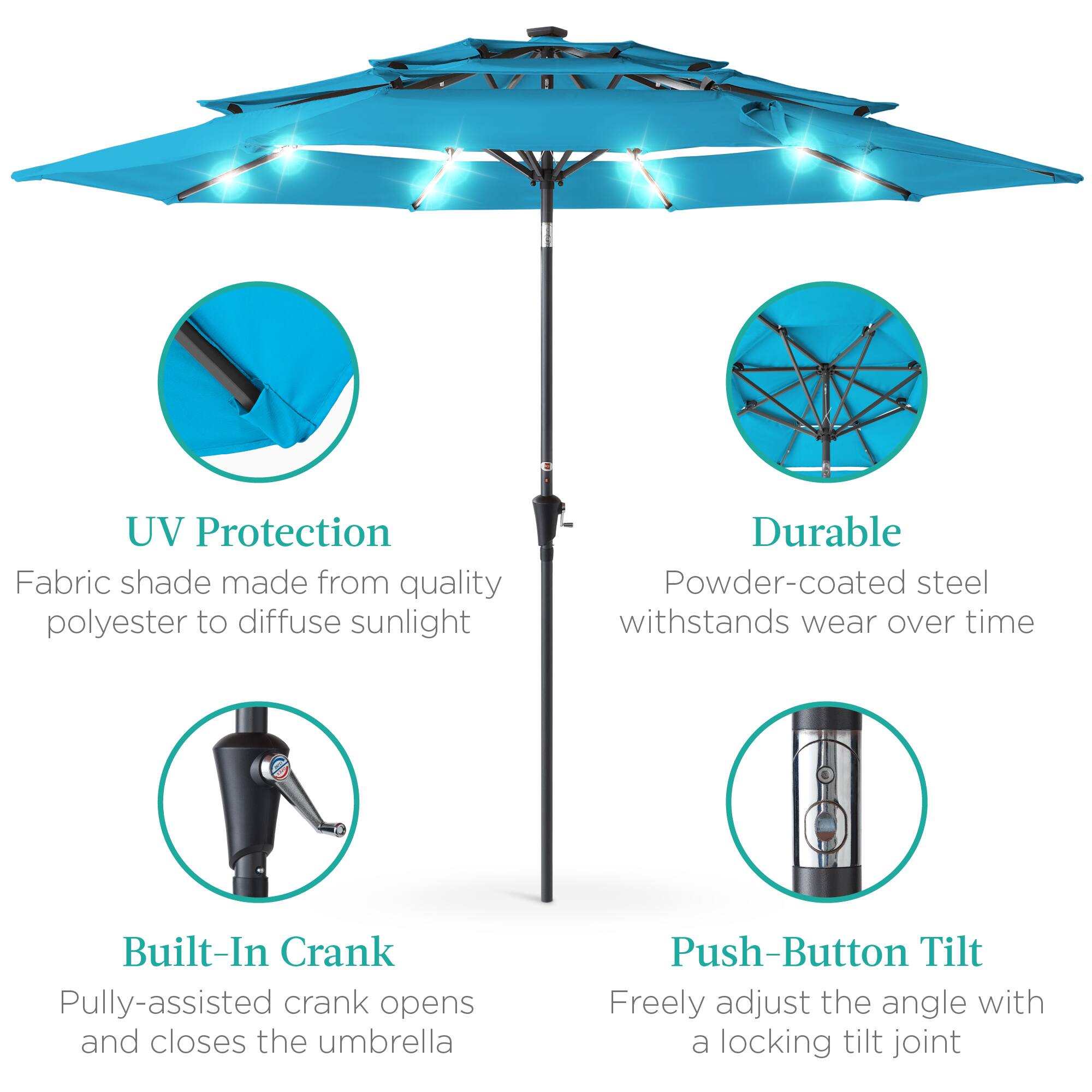- UV Protection  
  Fabric shade made from quality polyester to diffuse sunlight

- Durable  
  Powder-coated steel withstands wear over time

- Built-In Crank  
  Pully-assisted crank opens and closes the umbrella

- Push-Button Tilt  
  Freely adjust the angle with a locking tilt joint