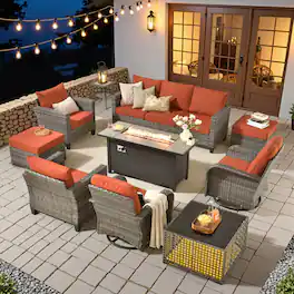 Ovios - 10 PCS Patio Furniture Conversation Sofa Set with Swivel Chair, Coffee Table & 54" Fire Pit Table - Orange Red