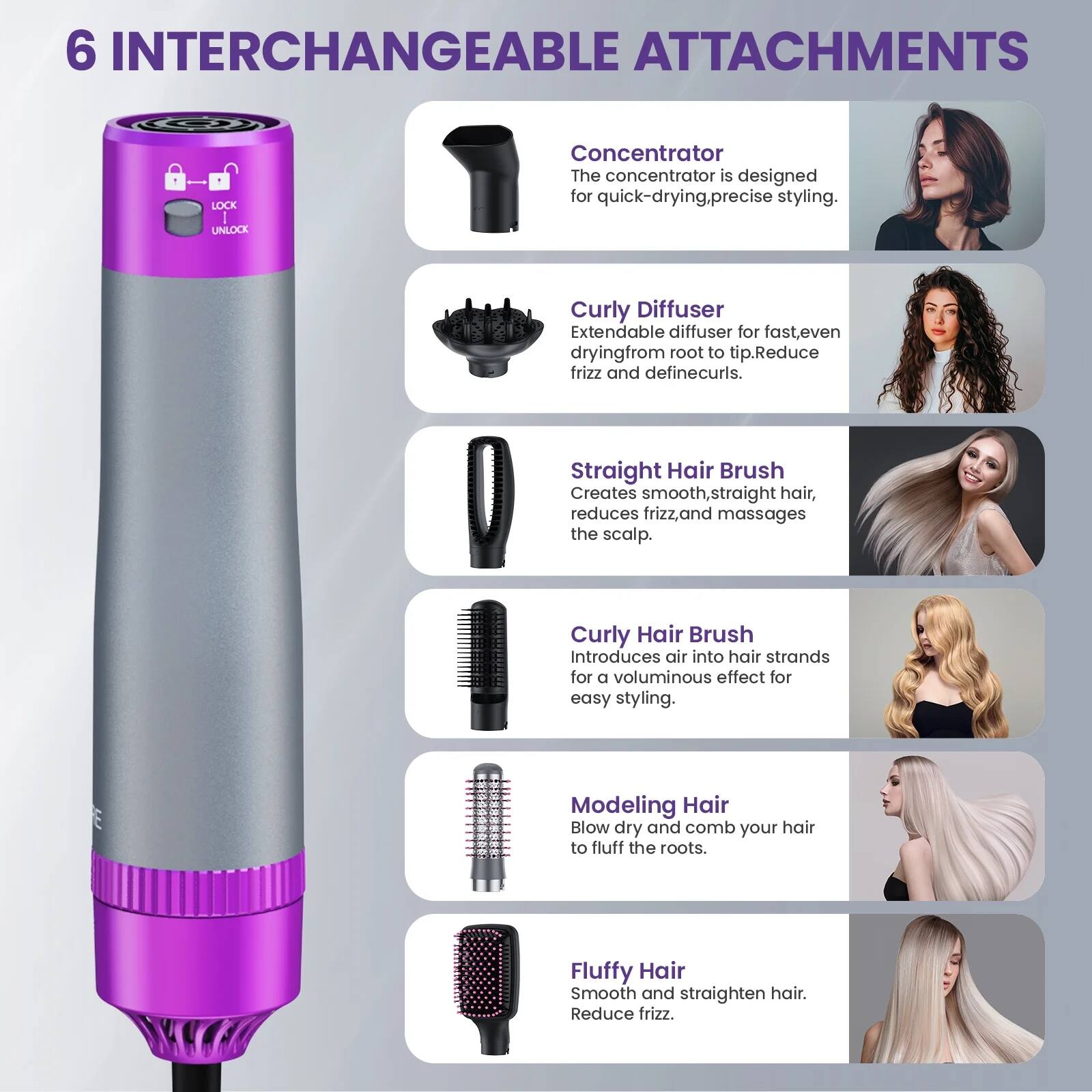 6 INTERCHANGEABLE ATTACHMENTS

- Concentrator
  The concentrator is designed for quick-drying, precise styling.

- Curly Diffuser
  Extendable diffuser for fast, even drying from root to tip. Reduce frizz and define curls.

- Straight Hair Brush
  Creates smooth, straight hair, reduces frizz, and massages the scalp.

- Curly Hair Brush
  Introduces air into hair strands for a voluminous effect for easy styling.

- Modeling Hair
  Blow dry and comb your hair to fluff the roots.

- Fluffy Hair
  Smooth and straighten hair. Reduce frizz.