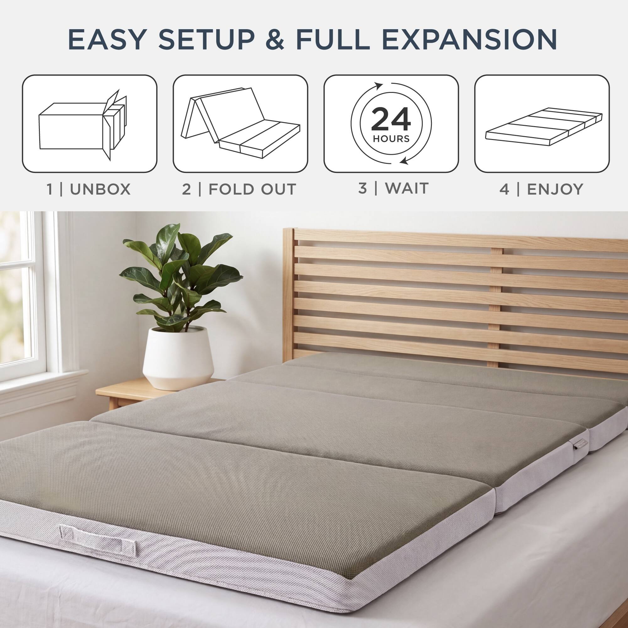 EASY SETUP & FULL EXPANSION

1 | UNBOX
2 | FOLD OUT
3 | WAIT
4 | ENJOY