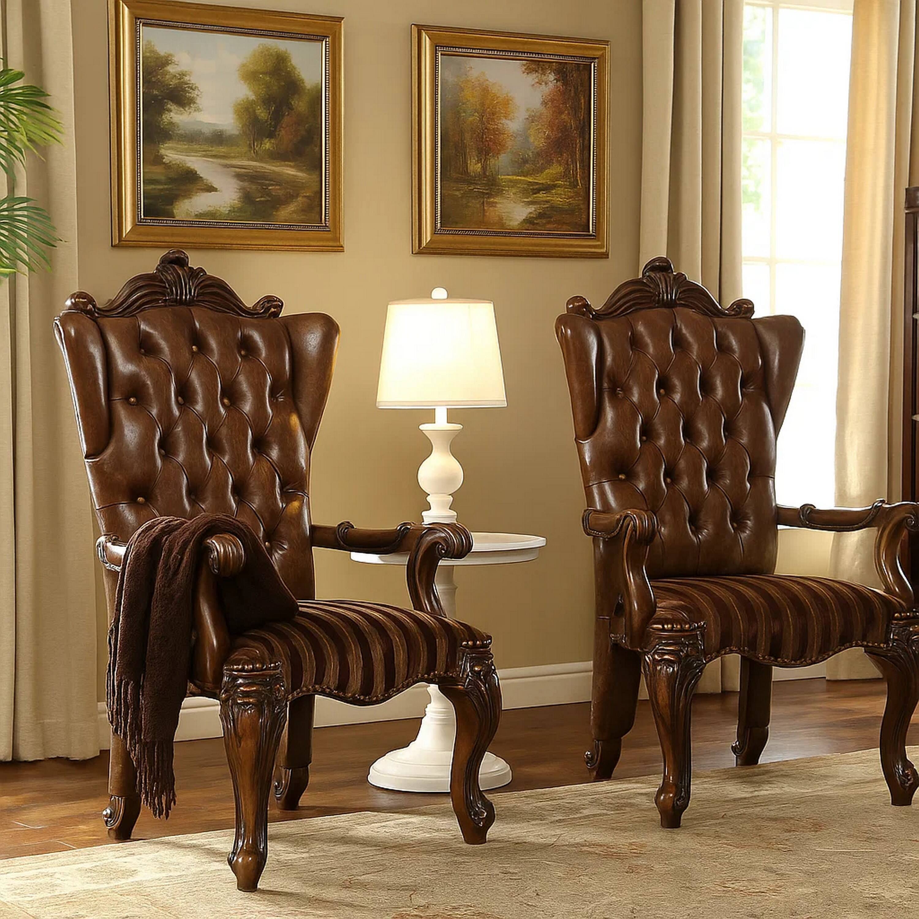 Alt View 5. Manhattan Lane - Wooden Arm Chair with Button Tufted Backrest and Carved Details, Set of 2 - Brown.