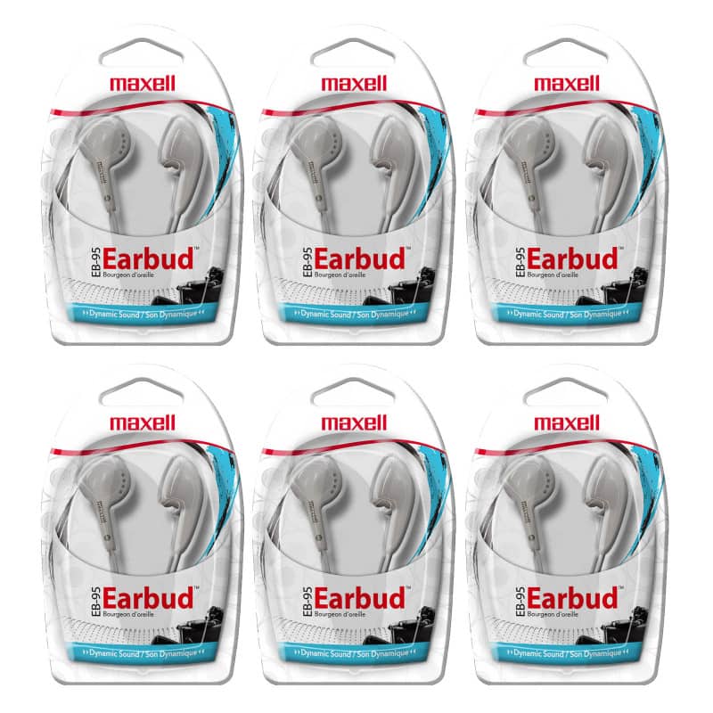 Maxell - Budget Stereo Earbuds, White, Pack of 6
