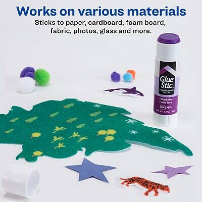 Works on various materials  
Sticks to paper, cardboard, foam board, fabric, photos, glass and more.  

Glue Stic COLOR  
Washable  
Acid Free  
AVERY
