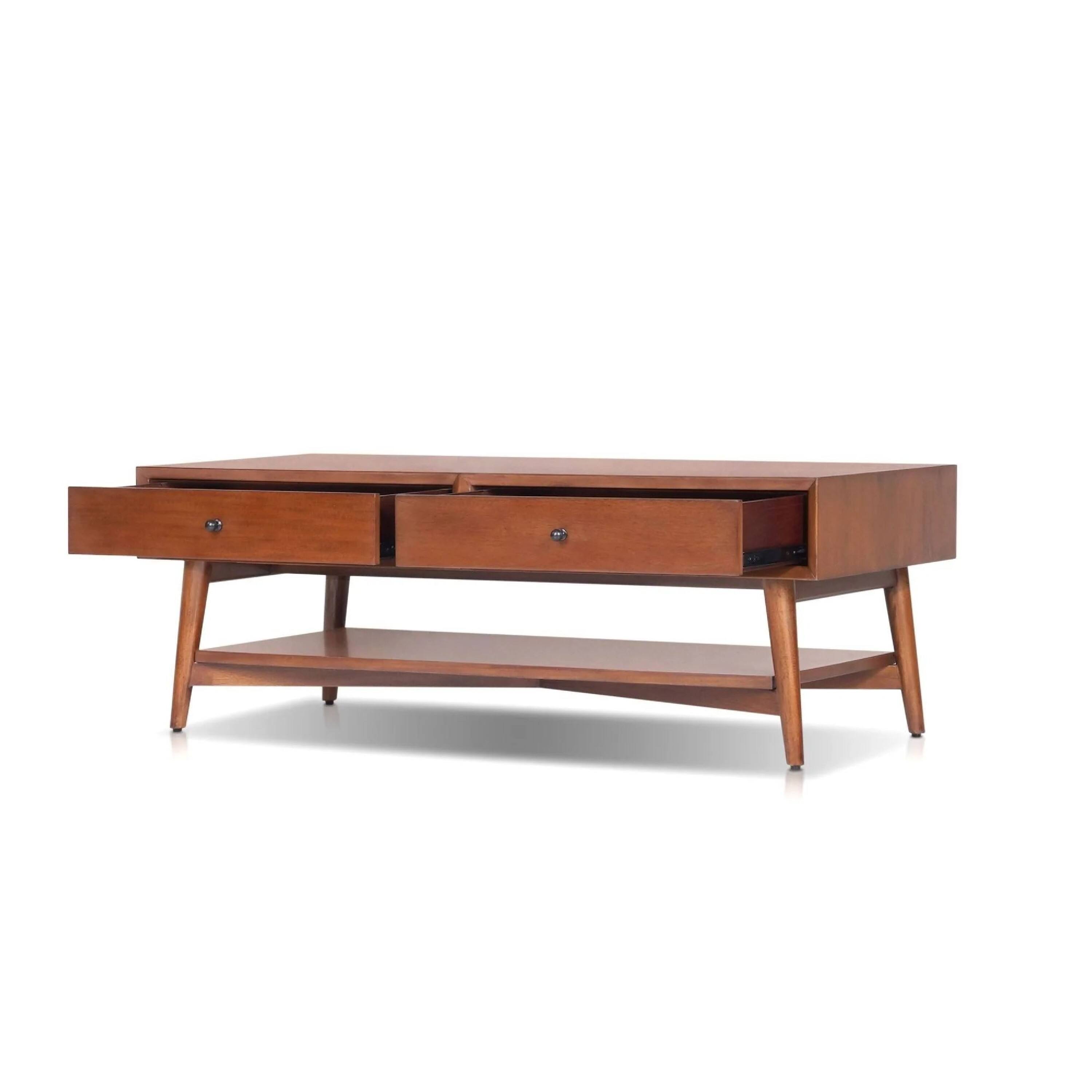 Back. Manhattan Lane - Ian Coffee Table, 2 Drawers and Shelf, 48 Inch Rectangular - Chestnut Brown, Nickel.