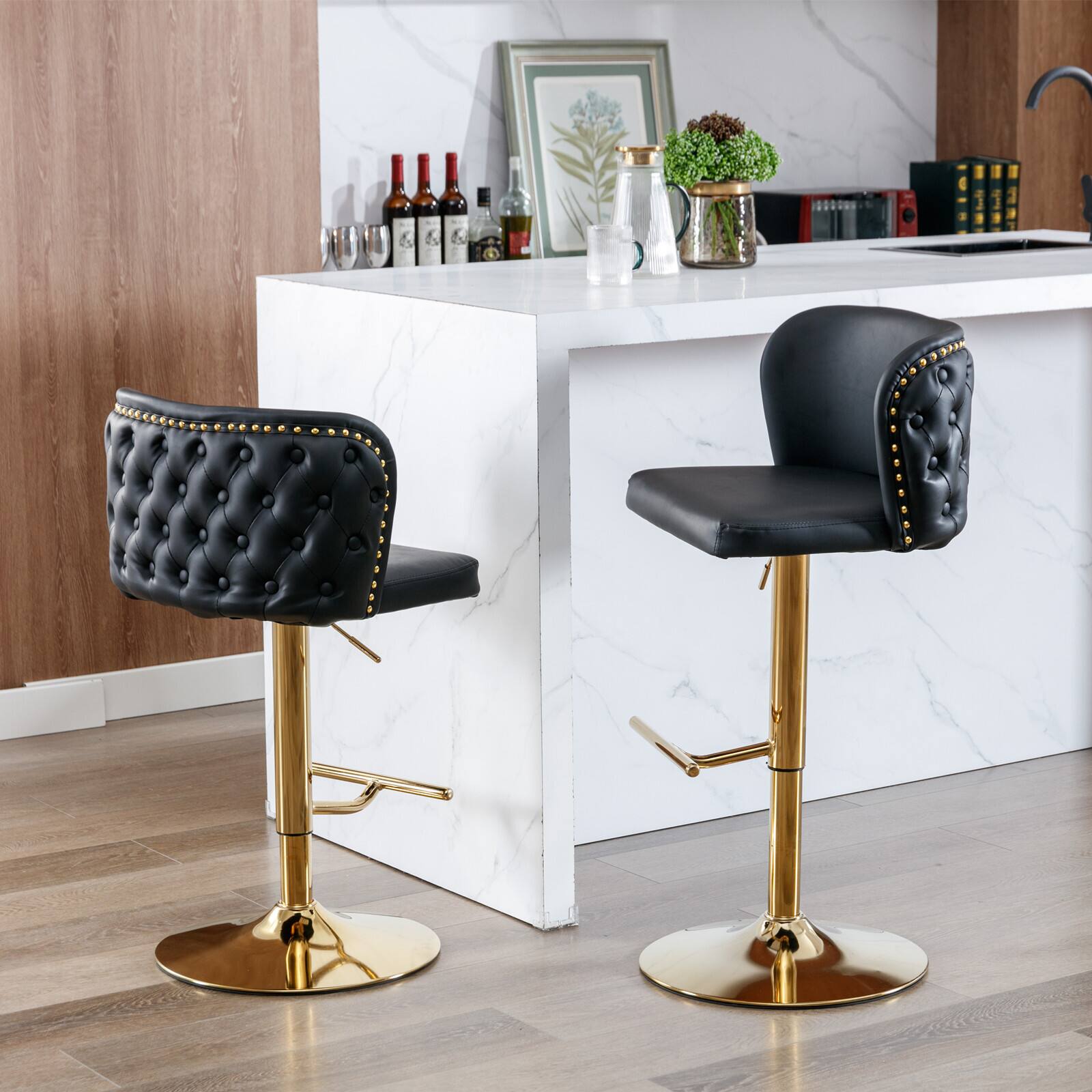 Alt View 1. Trinkets Crazed - Swivel Barstools Set of 2, Adjusatble Seat Height with Gold-Plating Base, Classic PU Upholstered Bar Stools - Black.
