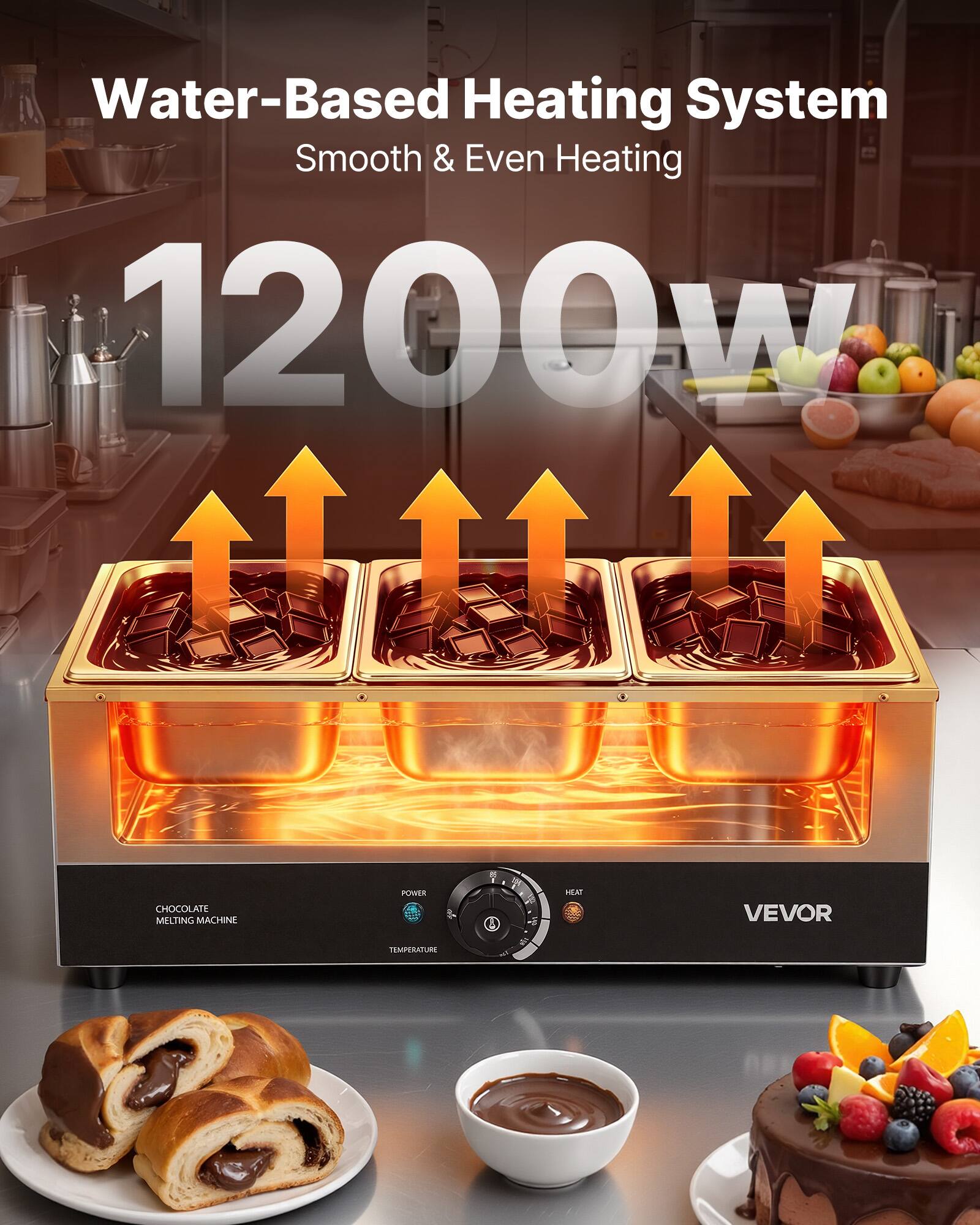Water-Based Heating System  
Smooth & Even Heating  
1200W  

CHOCOLATE MELTING MACHINE  
POWER TEMPERATURE  

VEVOR