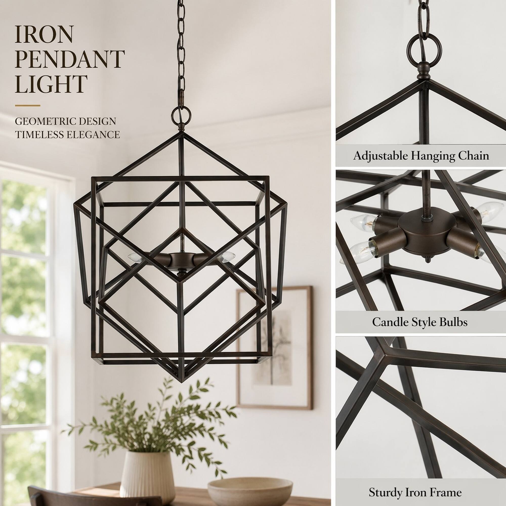 RYHNUYNE 3 Light Matte Iron Geometric Chandelier, Adjustable Chain ...