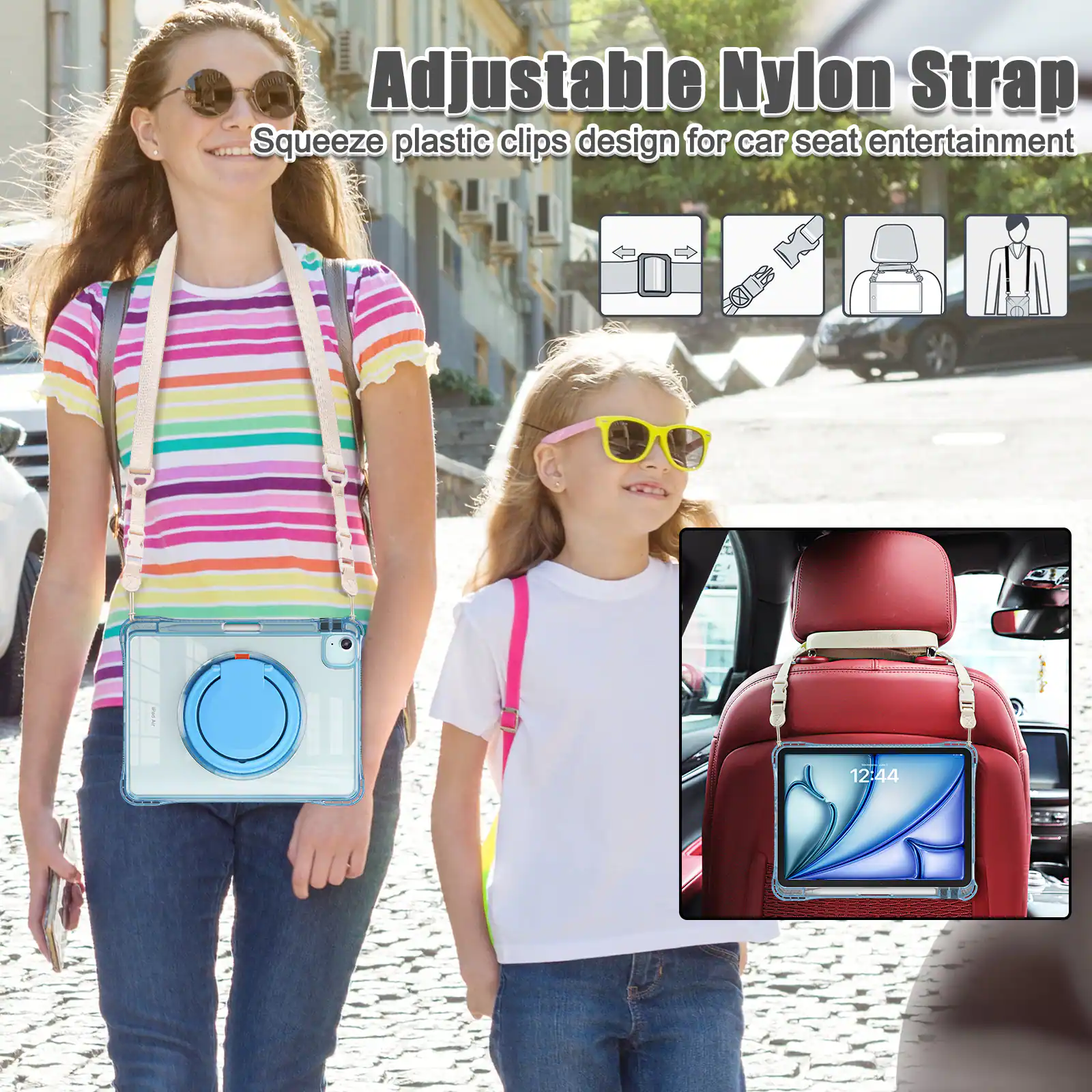 Adjustable Nylon Strap  
Squeeze plastic clips design for car seat entertainment
