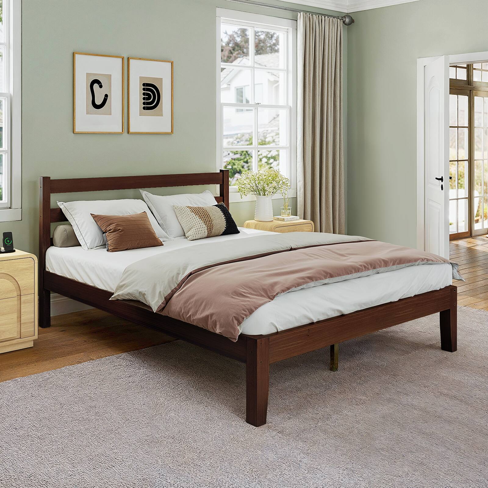 Back. Bestier - Solid Wood Farmhouse Platform Bed Frame with Headboard, No Box Spring Needed, 6.5" Under Bed Storage & Quiet Design - Pine Walnut.
