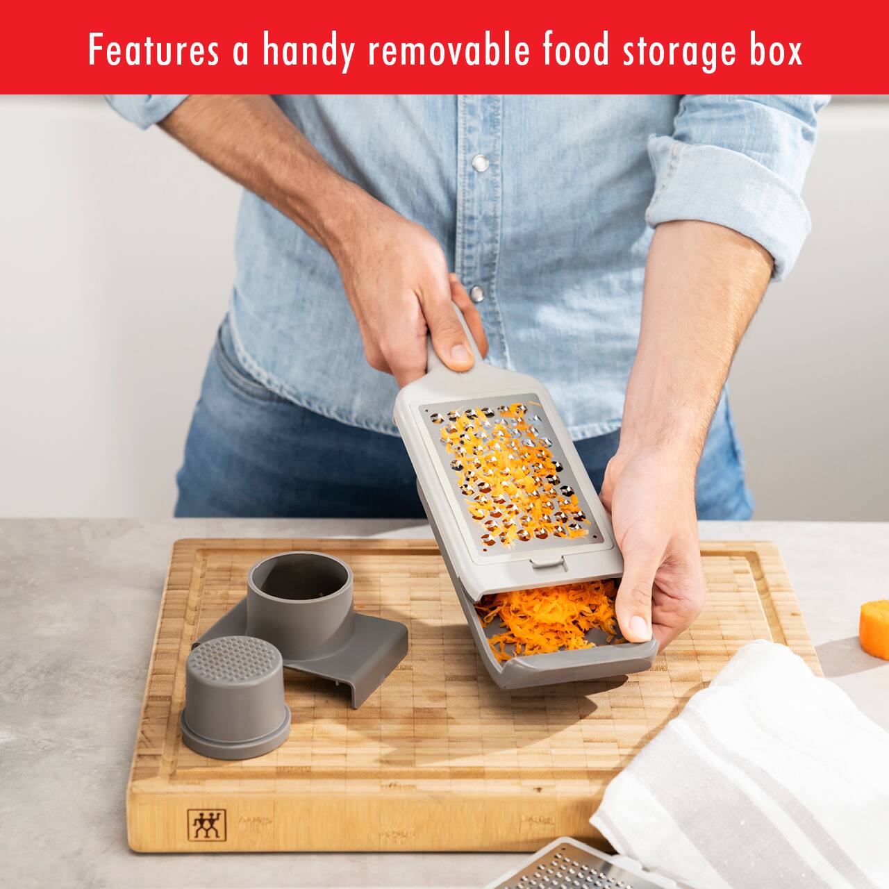Features a handy removable food storage box