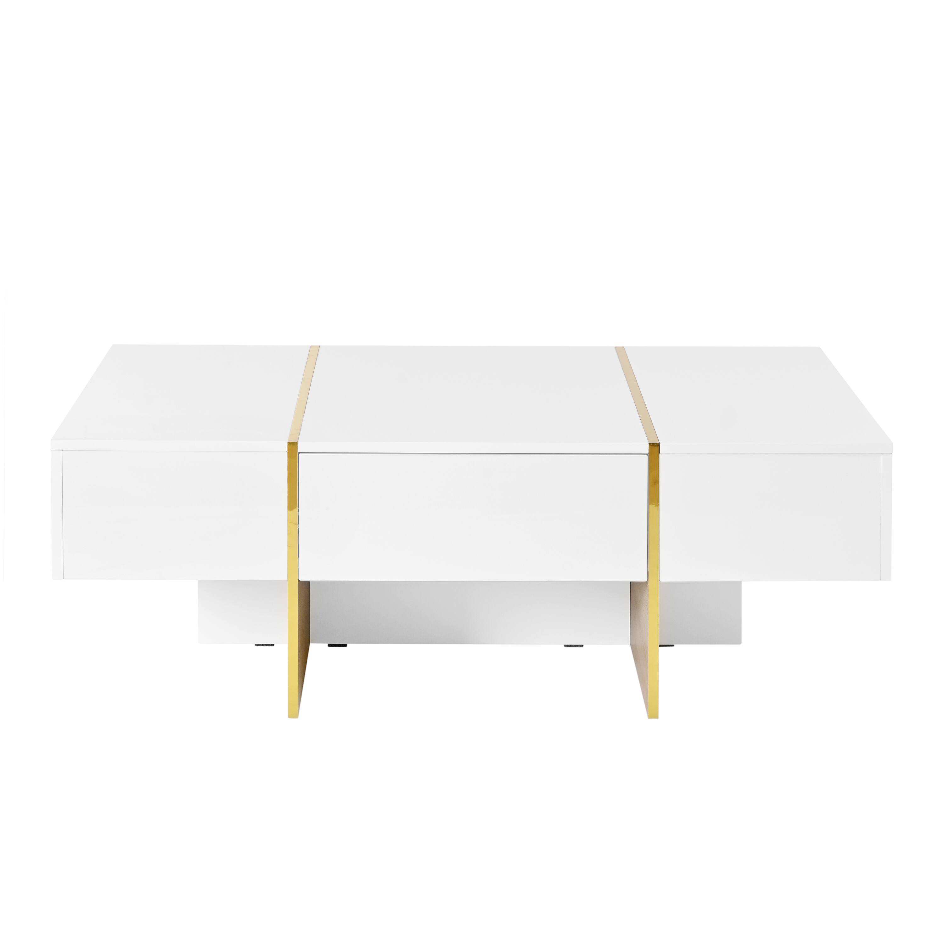 Alt View 4. Tiramisubest - Minimalist High Gloss Coffee Table with 2 Drawers,Multi-Storage Rectangle Sofa Table with Golden Wood Grain Legs,White - White.