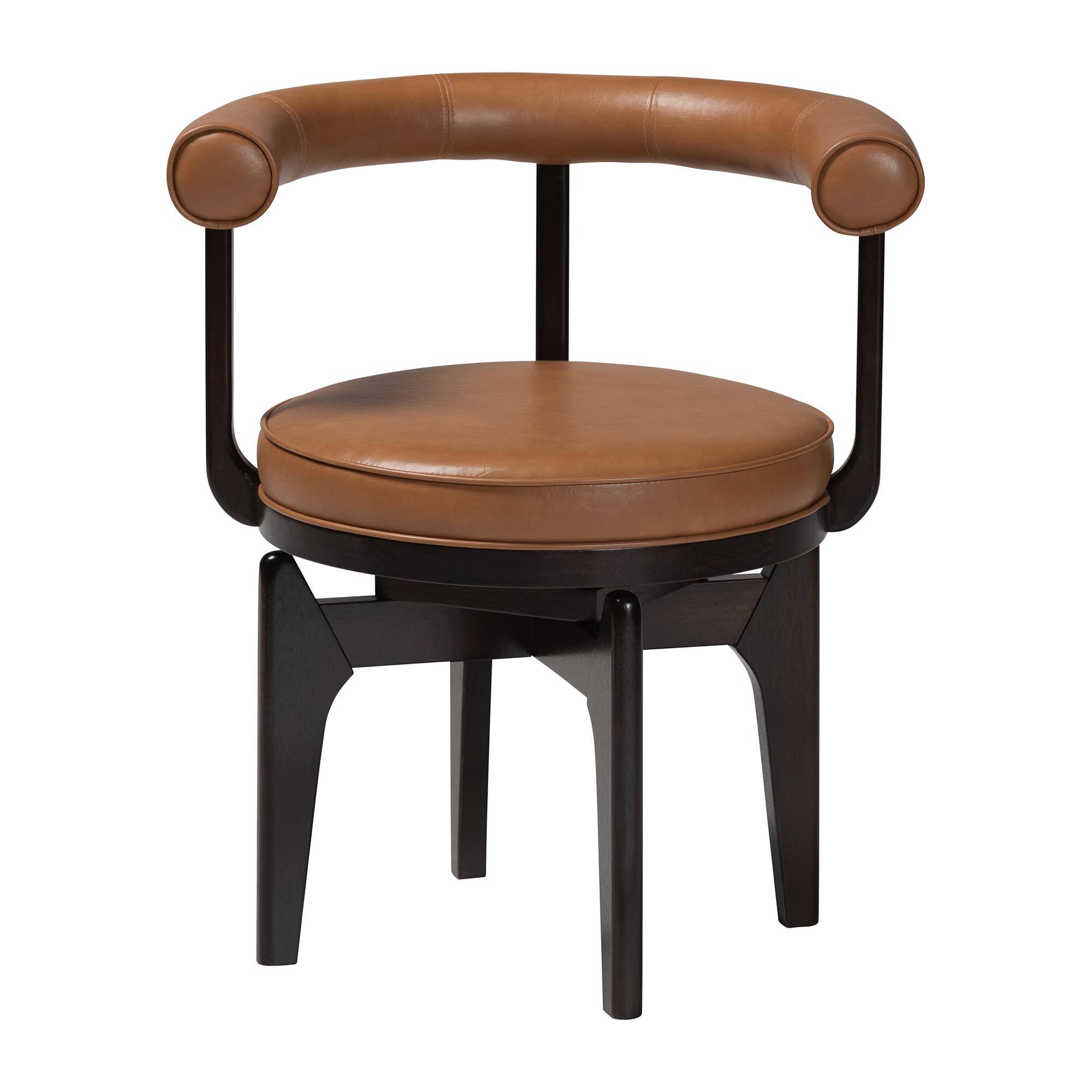 Angle. Baxton Studio - Delacruz Swivel Dining Chair - Round Open Back Accent Chair with Faux Leather Upholstery, Modern Contemporary - Tan/Black.