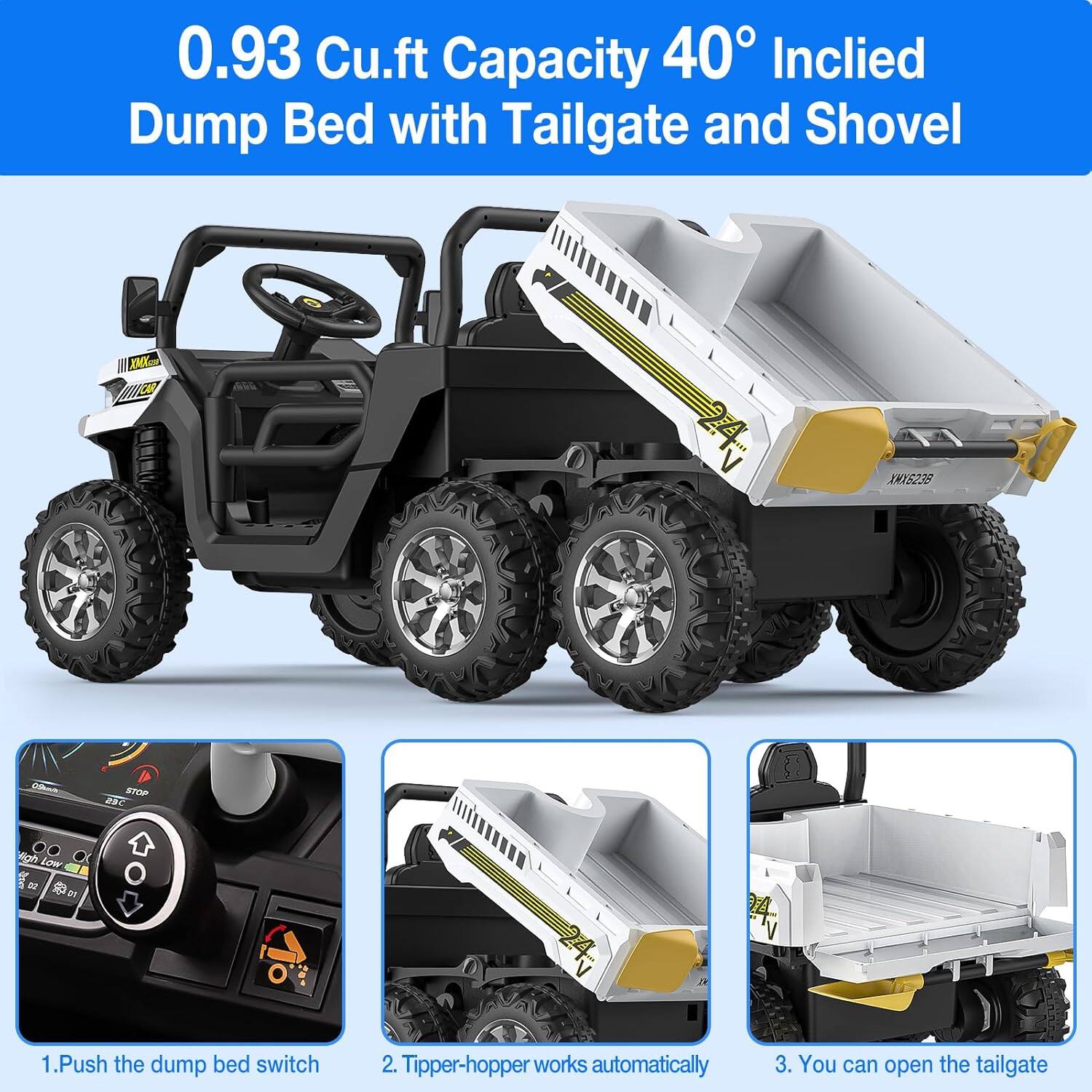 0.93 Cu.ft Capacity 40° Inclined Dump Bed with Tailgate and Shovel

1. Push the dump bed switch
2. Tipper-hopper works automatically
3. You can open the tailgate