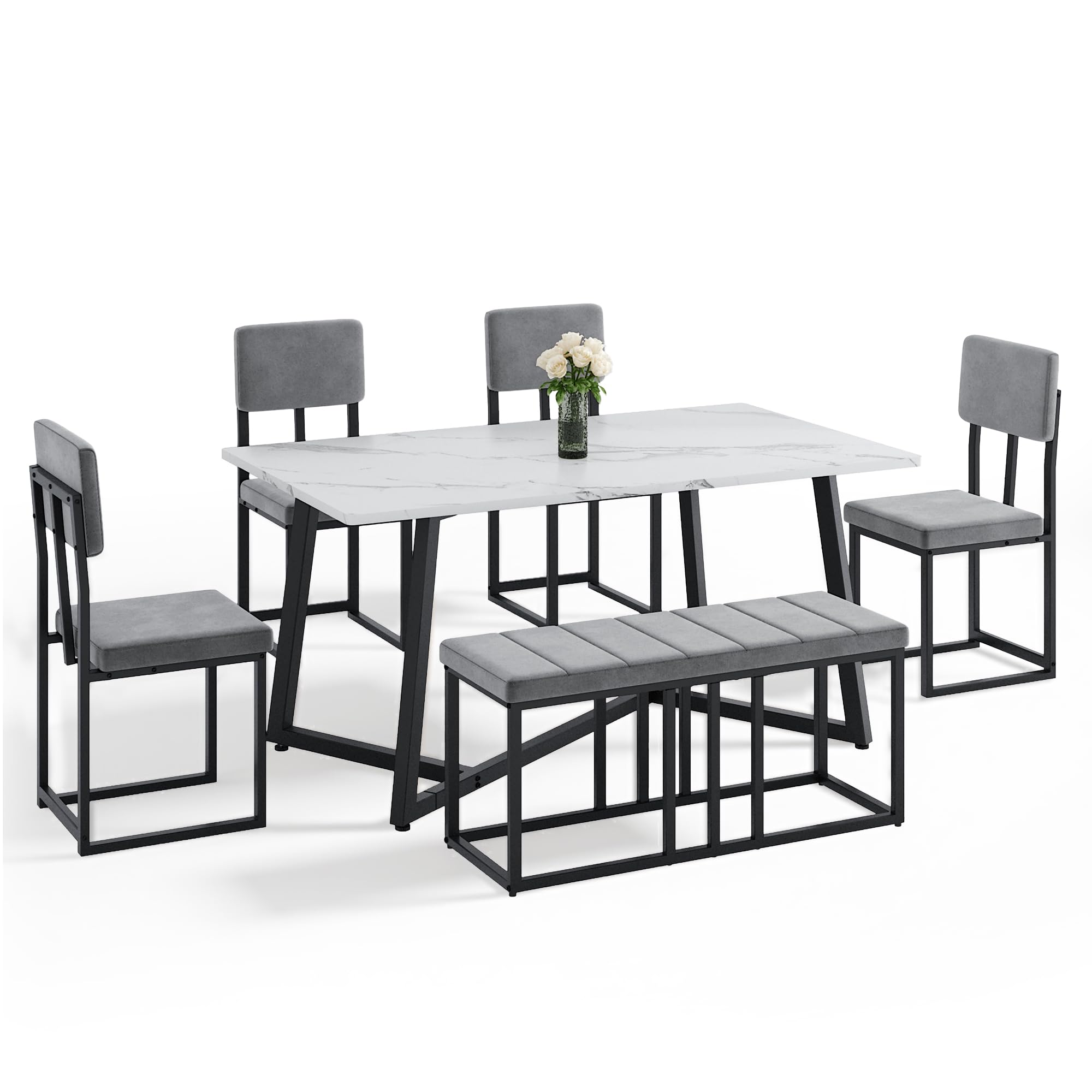 Alt View 6. paproos - 6-Piece Dining Table Set, 51.18'' Faux Marble Rectangular Table with 4 Velvet Upholstered Dining Chairs and Bench - Dark Gray.