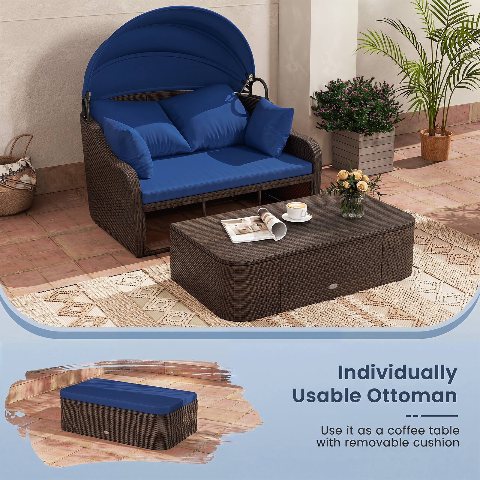 Individually Usable Ottoman

Use it as a coffee table with removable cushion