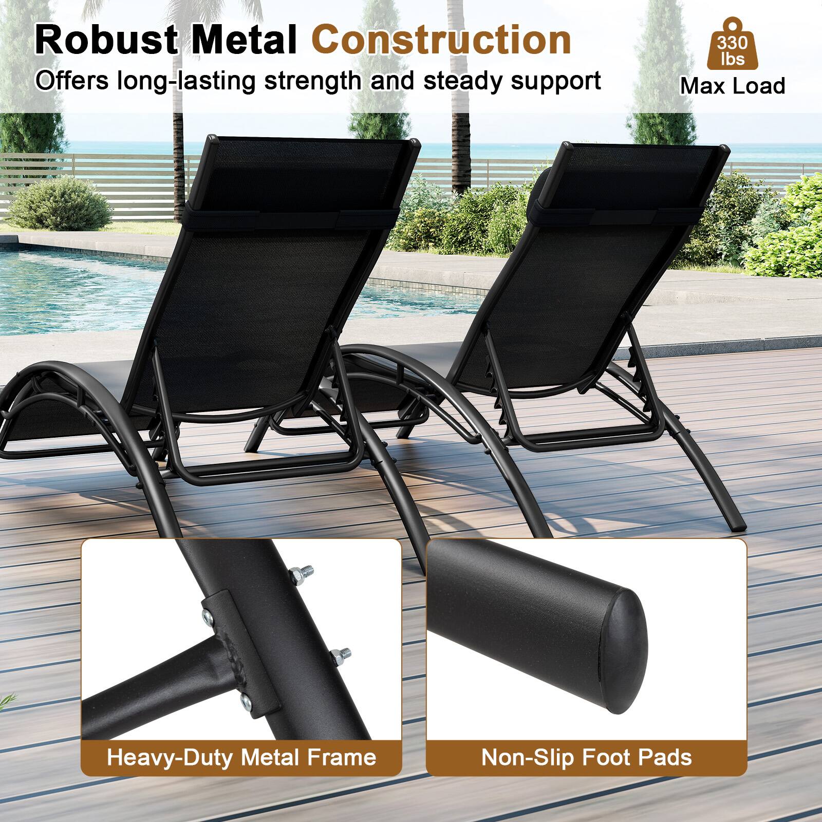 Robust Metal Construction  
Offers long-lasting strength and steady support  

330 lbs Max Load  

Heavy-Duty Metal Frame  
Non-Slip Foot Pads