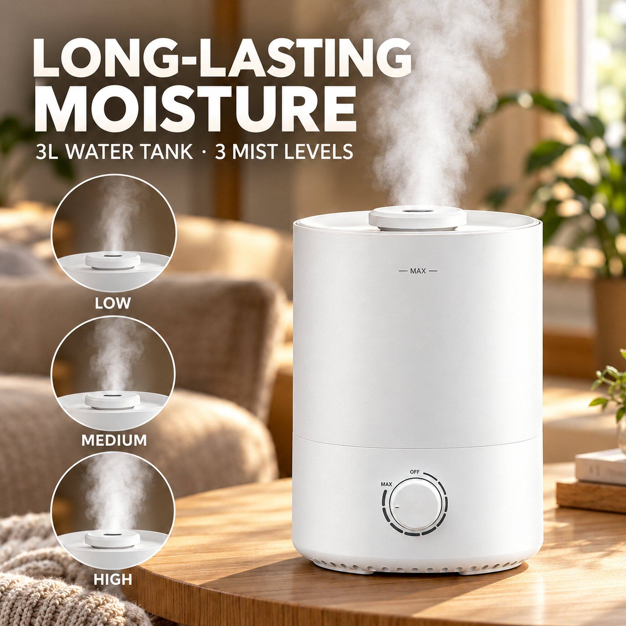 LONG-LASTING MOISTURE  
3L WATER TANK • 3 MIST LEVELS  
- MAX -  
LOW  
MEDIUM  
OFF  
MAX  
HIGH