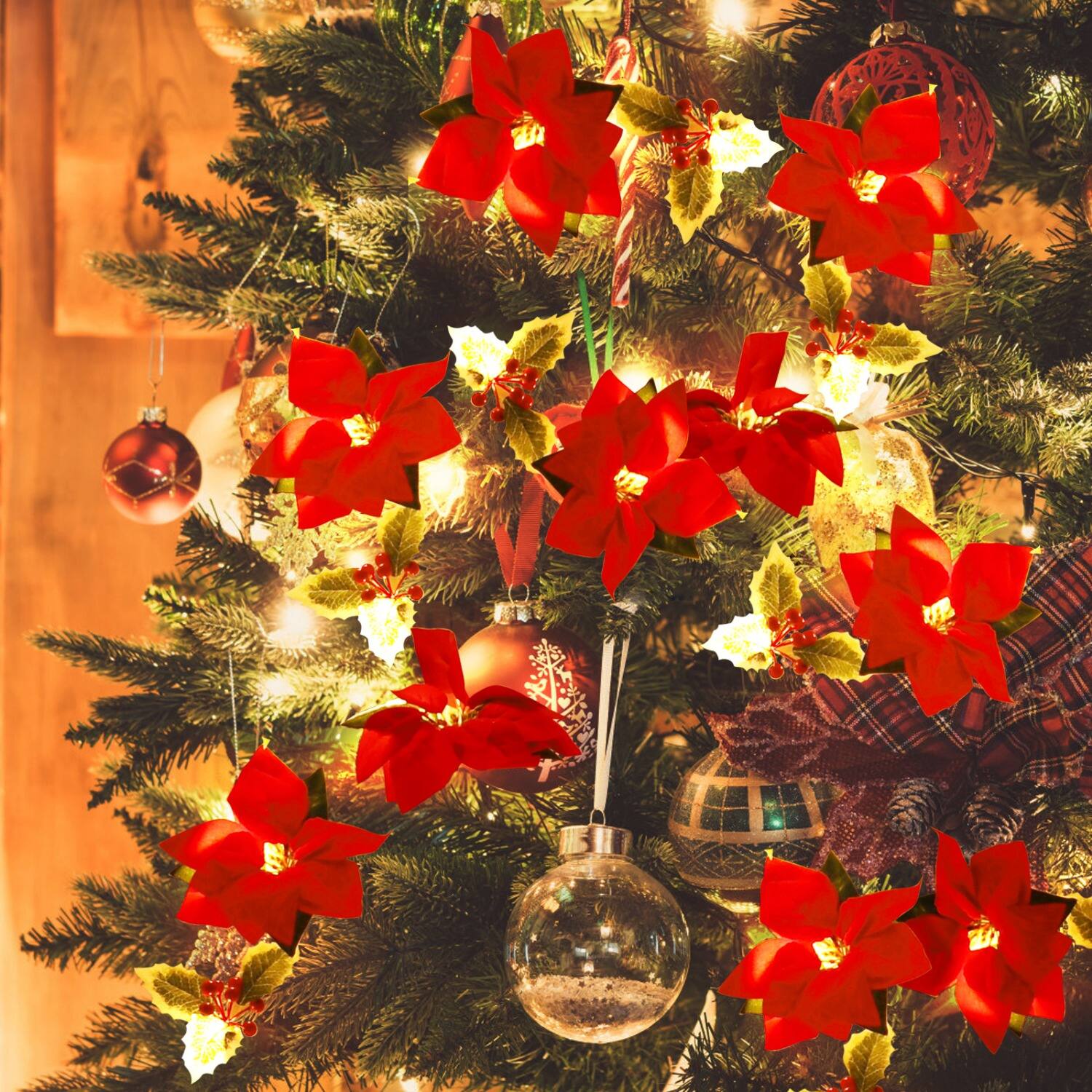 Alt View 1. Oumilen - Christmas Poinsettia Flower String Lights – Battery Red Artificial Garland Lights for Xmas Fireplace Mantel Decor.