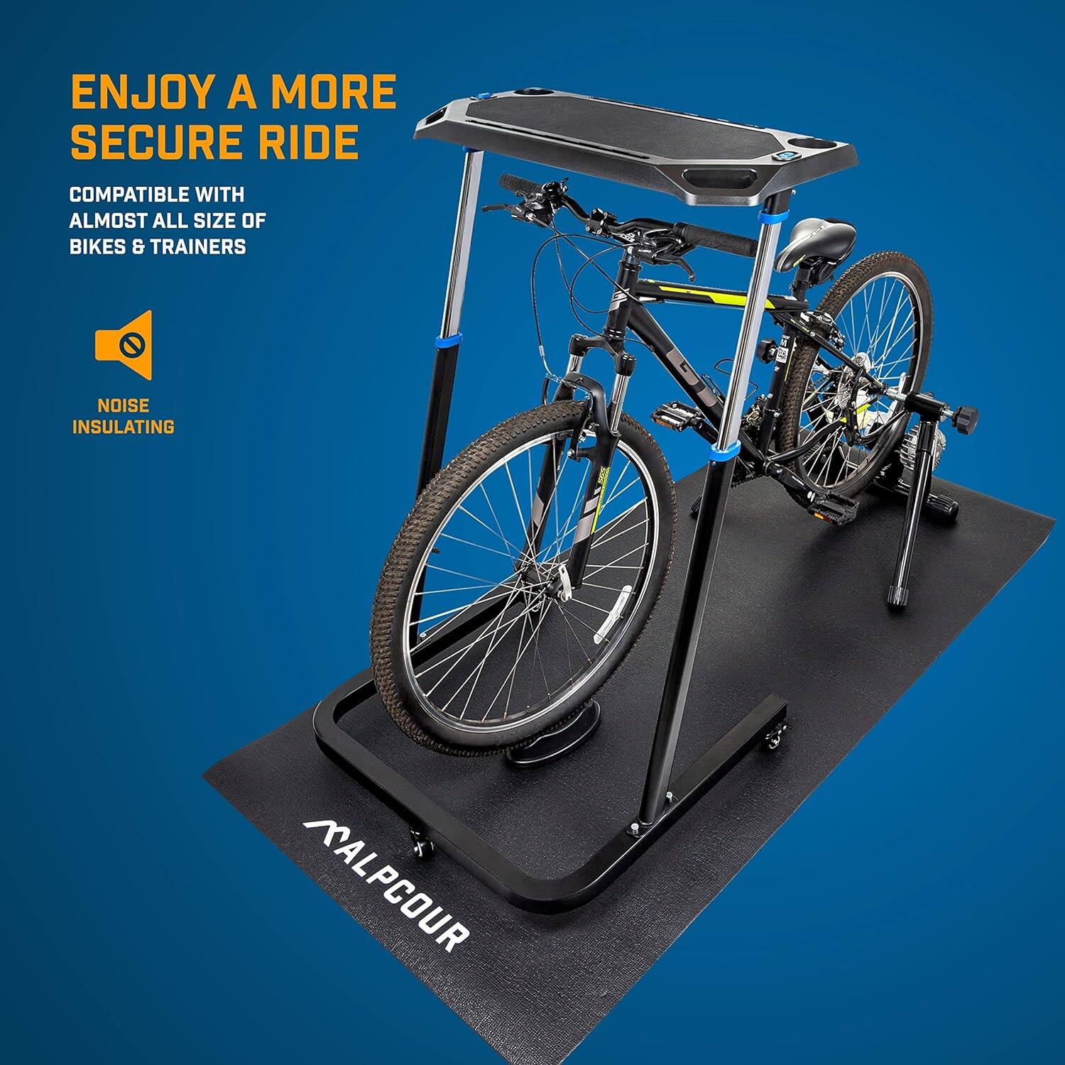 ENJOY A MORE SECURE RIDE COMPATIBLE WITH ALMOST ALL SIZES OF BIKES & TRAINERS. NOISE INSULATING CALPCOUR.