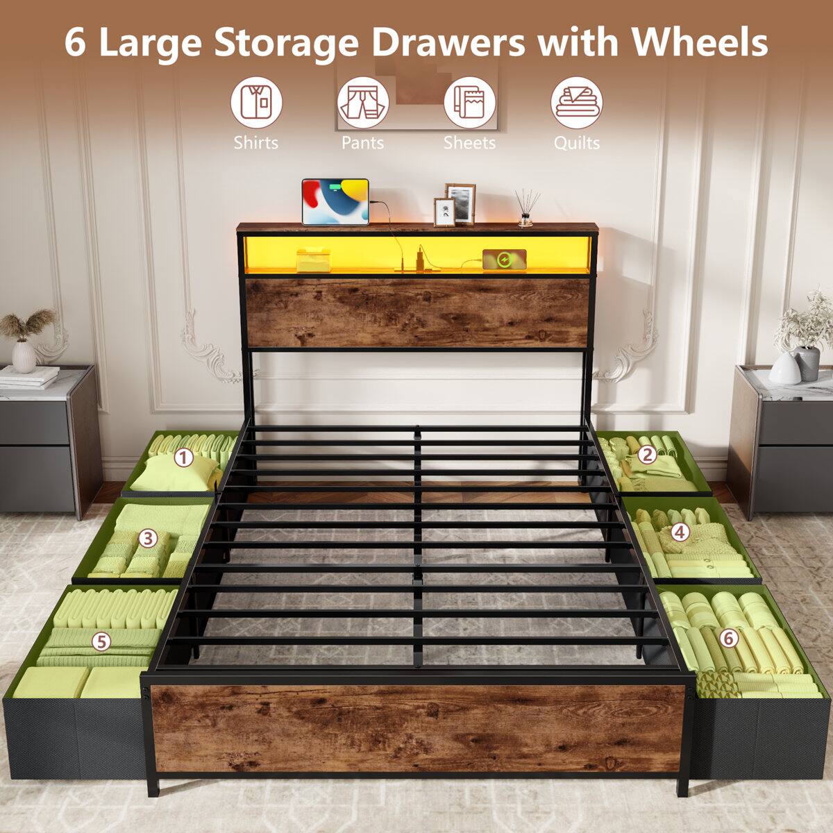 6 Large Storage Drawers with Wheels

1. Shirts
2. Pants
3. Sheets
4. Quilts
