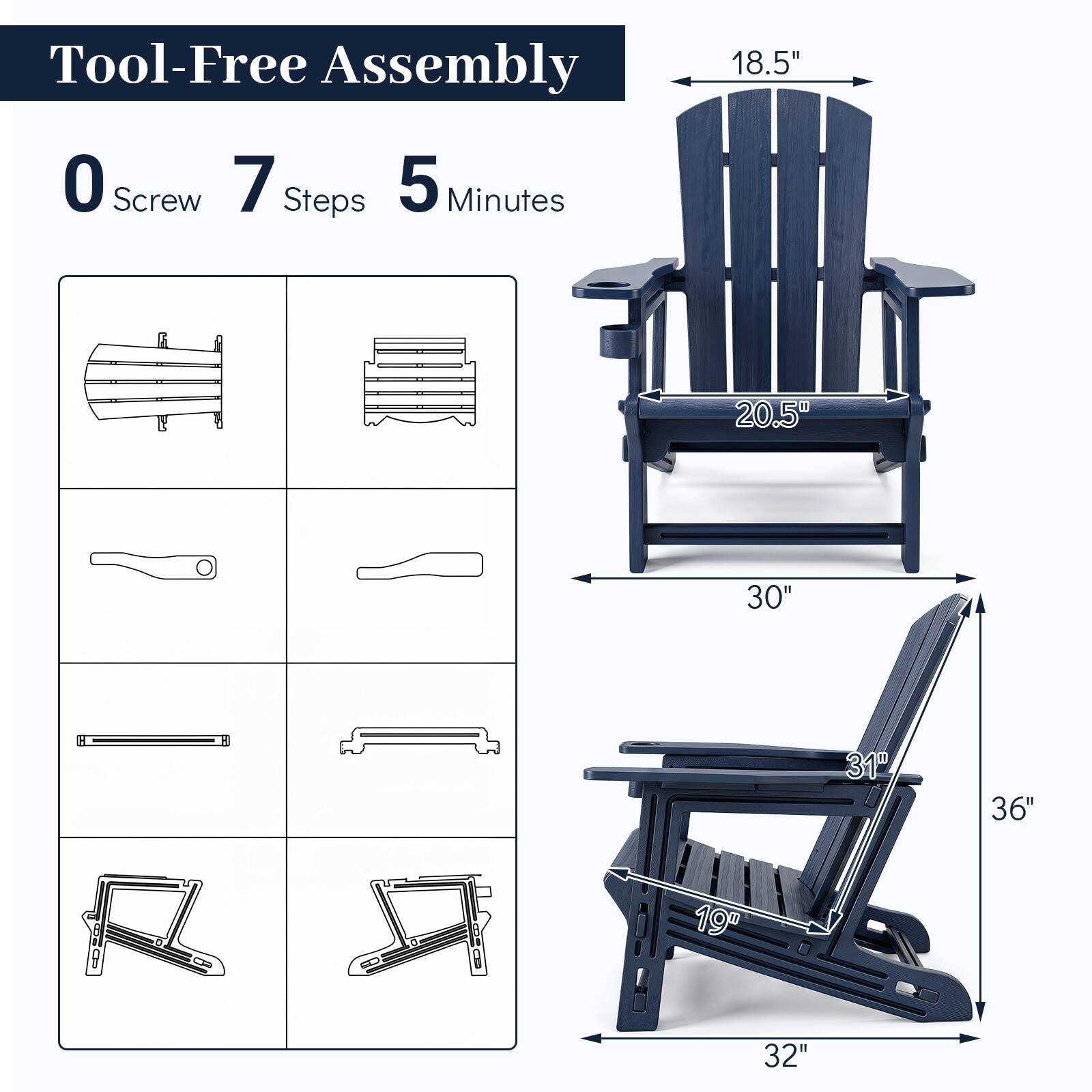Tool-Free Assembly  
0 Screw  
7 Steps  
5 Minutes  

18.5"  
20.5"  
30" H  
31"  
36"  
19"  
32"
