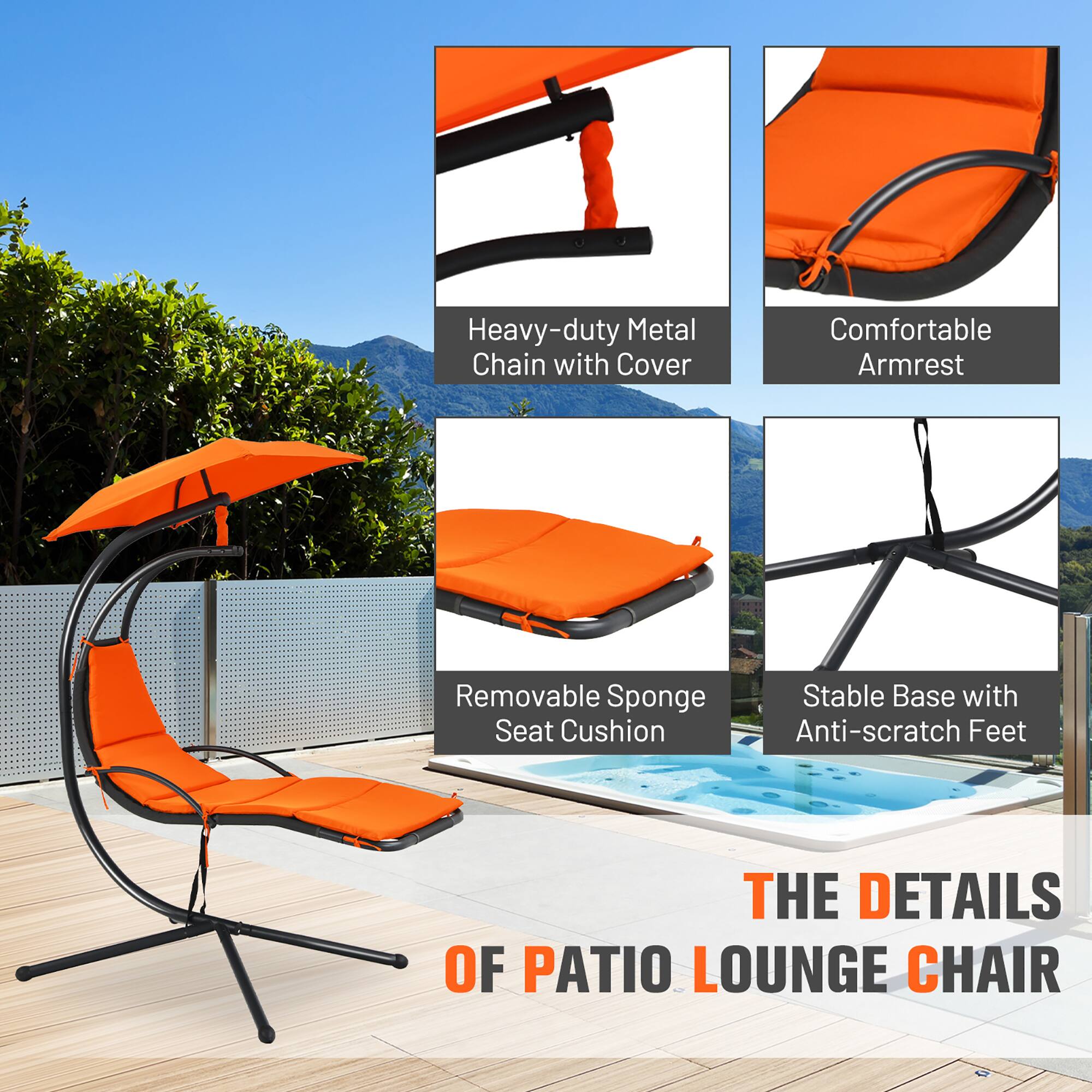 Heavy-duty Metal Chain with Cover  
Comfortable Armrest  
Removable Sponge Seat Cushion  
Stable Base with Anti-scratch Feet  

THE DETAILS OF PATIO LOUNGE CHAIR