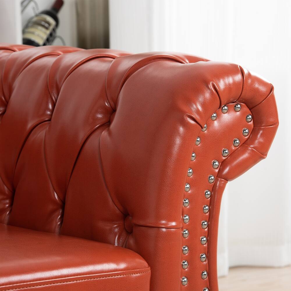 Alt View 10. Loheer - Loheer 84.65 Inch Rolled Arm Chesterfield 3 Seater Sofa PU Leather Couch Vintage Tufted Back Living Room Sofa - Brown.