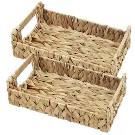 Garnen - 2 Pack Wicker Serving Tray with Handles 12"x7" Ottoman Tray Couch Tray Woven Tray for Coffee Table, Decorative Sofa Tray - Brown