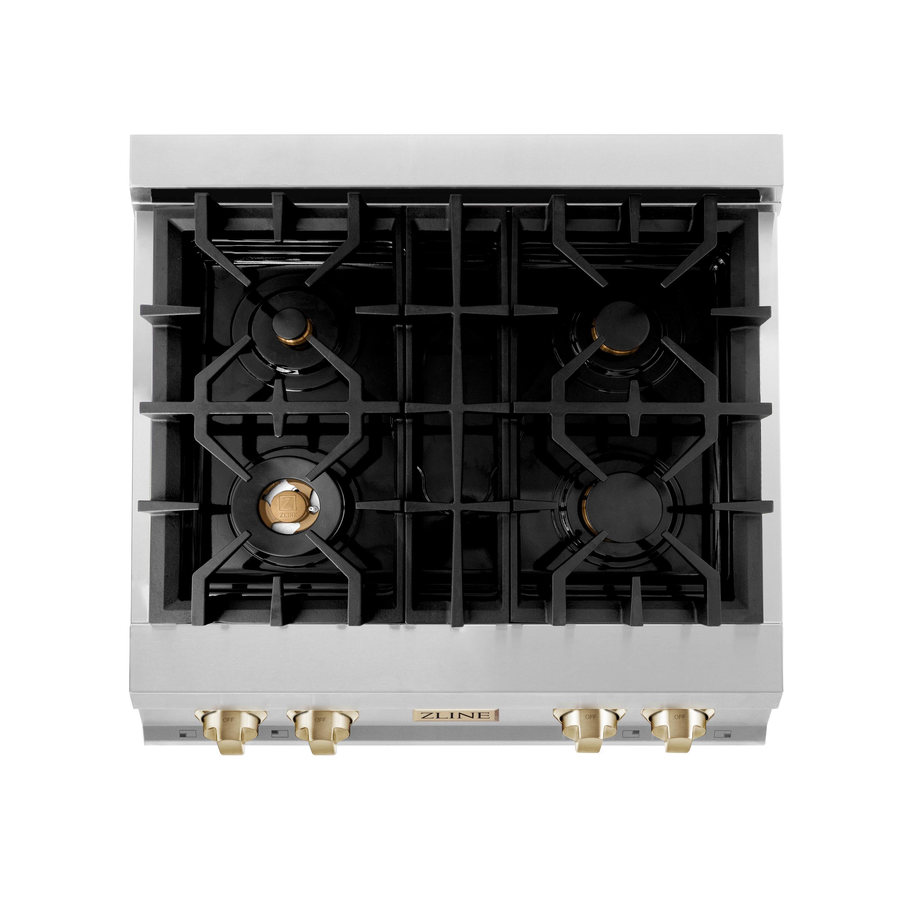 Left. ZLINE - ZLINE Autograph 30 in. Legacy Rangetop w/ 4 Burners and Polished Gold Accents - Stainless Steel.