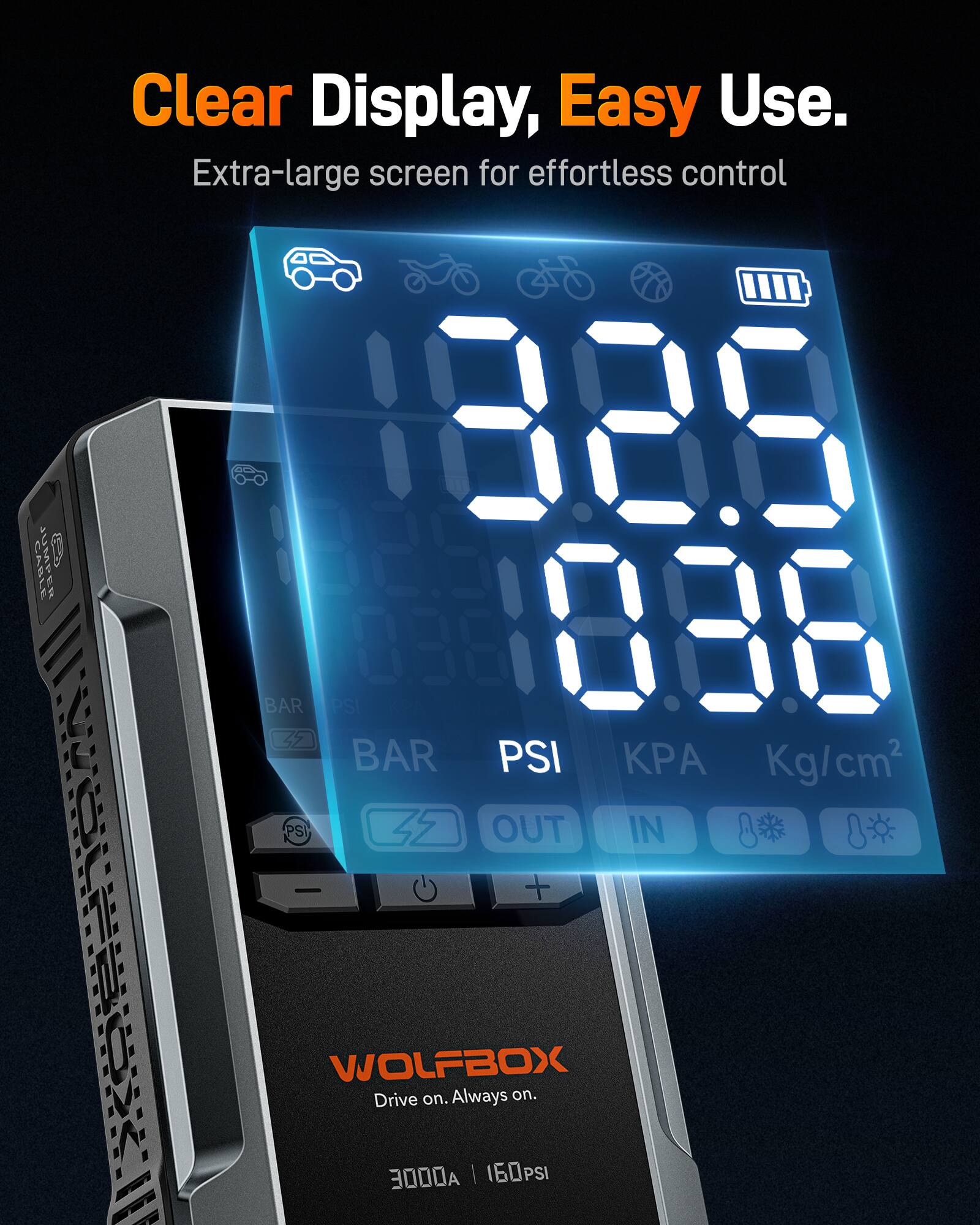 Clear Display, Easy Use.  
Extra-large screen for effortless control  

182.5  
1036  

BAR PSI KPA Kg/cm²  

OUT IN  

WOLFBOX  
Drive on. Always on.  

3000A | 160PSI