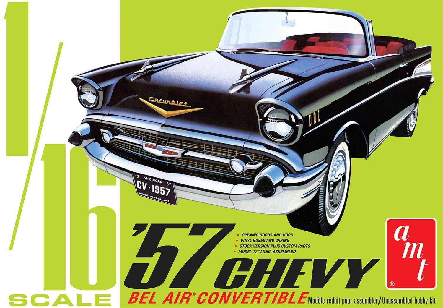 1/16 Scale  
'57 Chevy Bel Air Convertible  
Model réduit pour assembler / Unassembled hobby kit  
Opening doors and hood  
Vinyl hoses and wiring  
Stock version plus custom parts  
Model 12" long assembled  
Chevrolet  
Michigan 57  
CV 1957  
a m t