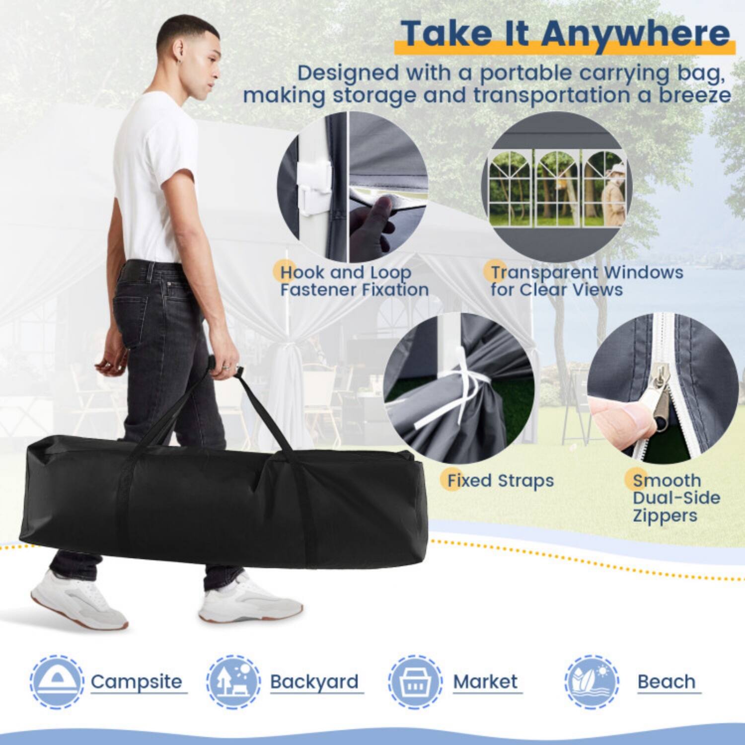 Take It Anywhere  
Designed with a portable carrying bag, making storage and transportation a breeze

- Hook and Loop Fastener Fixation
- Transparent Windows for Clear Views
- Fixed Straps
- Smooth Dual-Side Zippers

Campsites, Backyard, Market, Beach